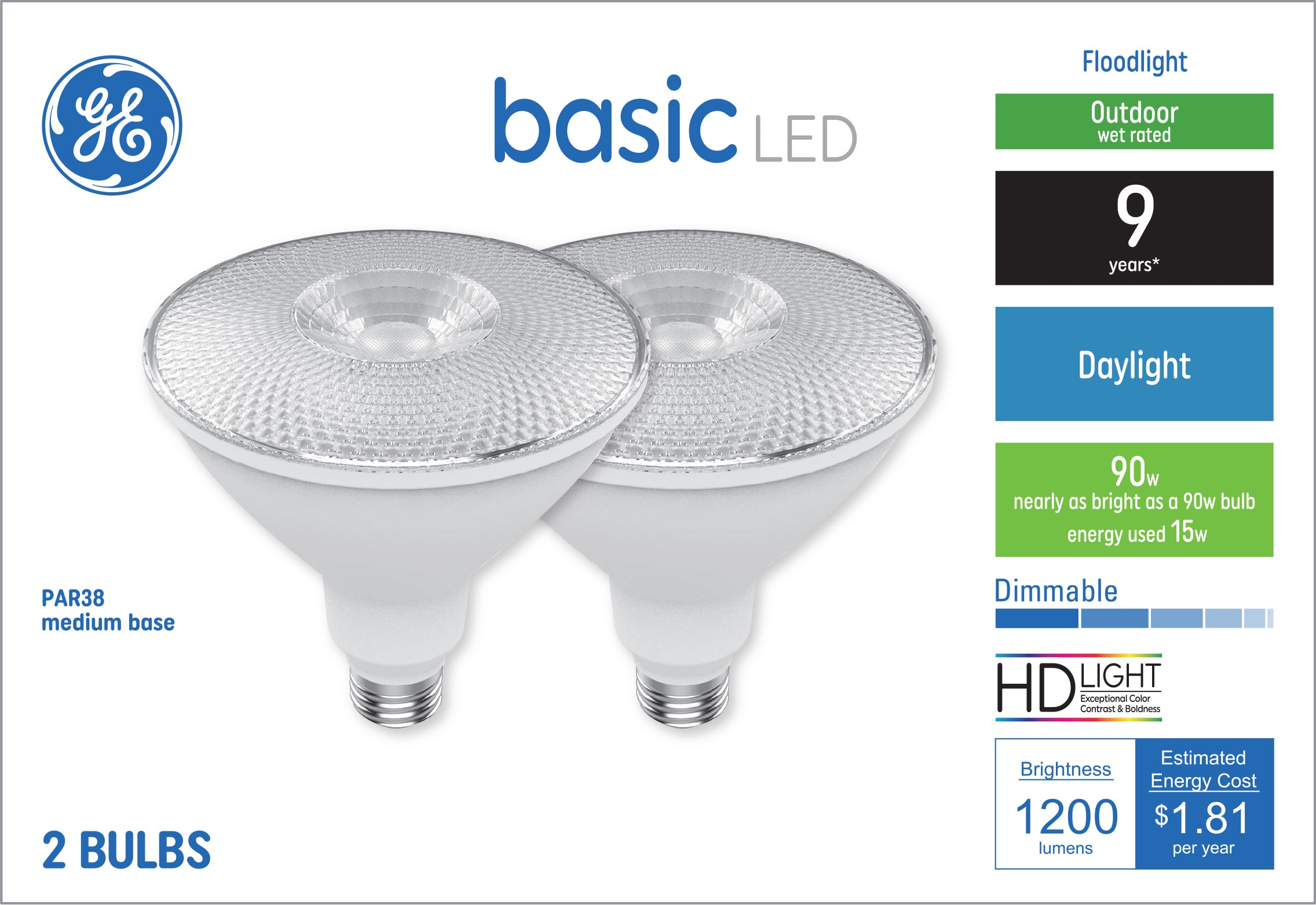Basic 90-Watt EQ PAR38 Daylight Medium Base (E-26) Dimmable LED Light Bulb (2-Pack) | - GE 46994