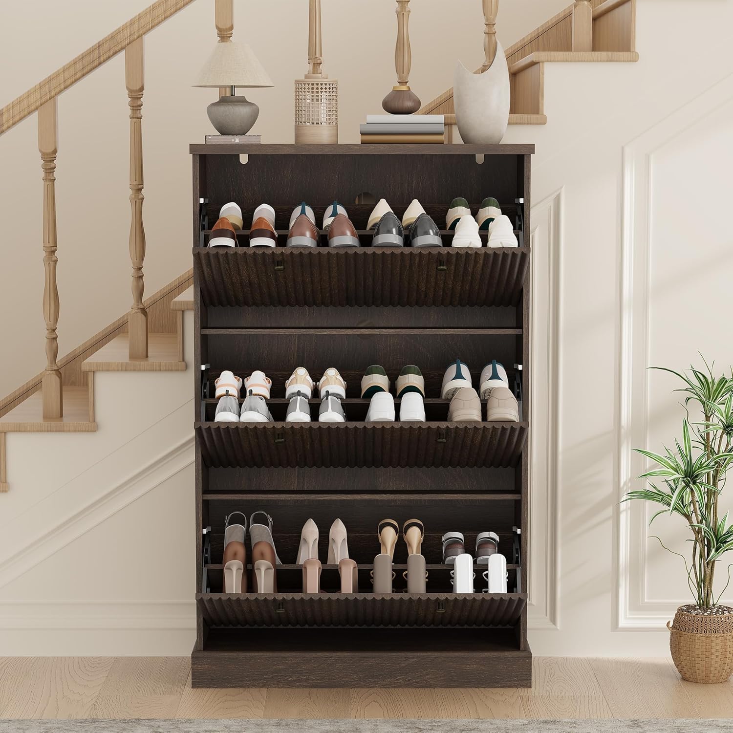 Garvee Shoe Cabinet with 3 Flip Drawers Modern Fluted Cabinet with Adjustable Shelves Freestanding Wooden Shoe Organizer for Entryway Hallway Living Room Walnut