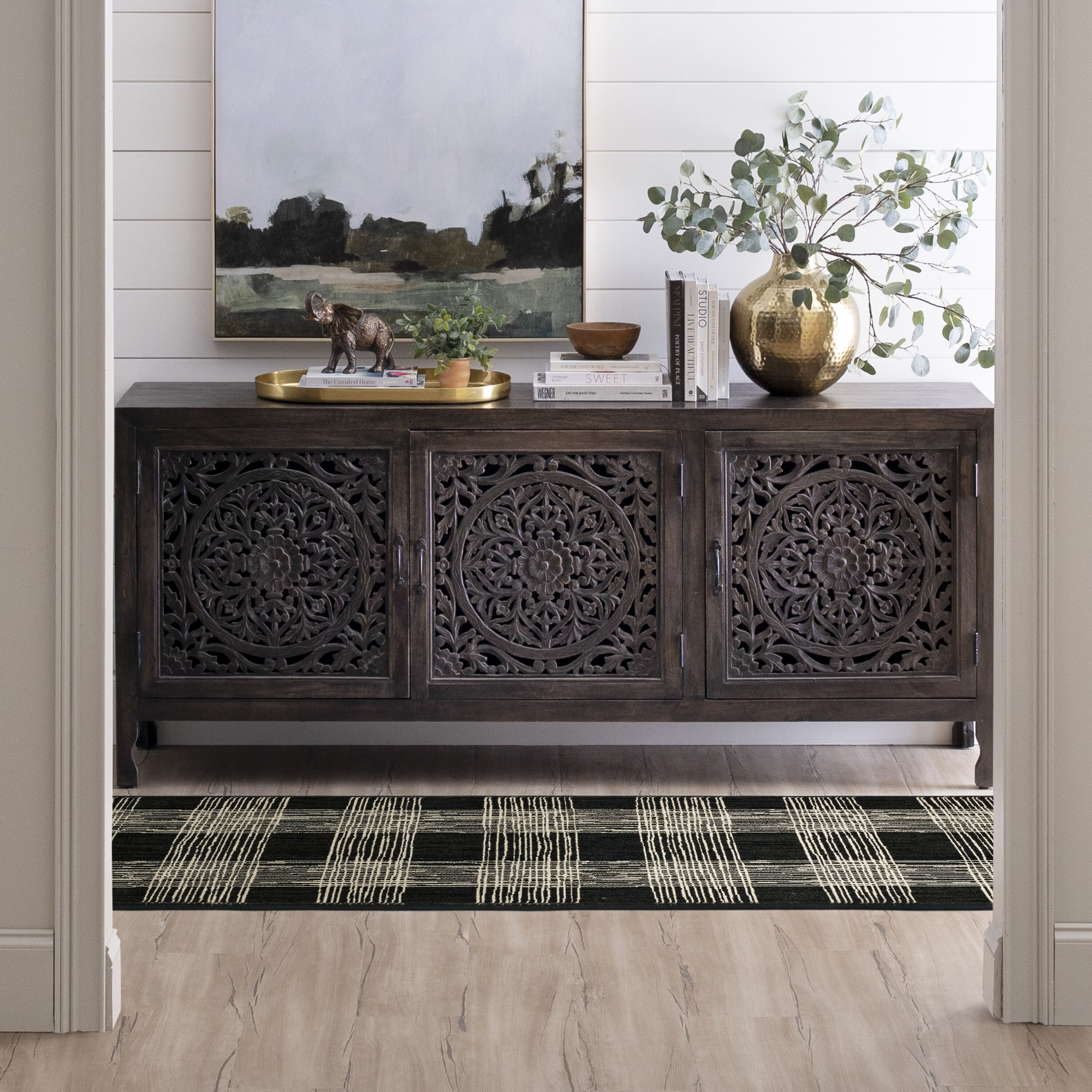 Modern Abstract Black Geometric Synthetic Area Rug