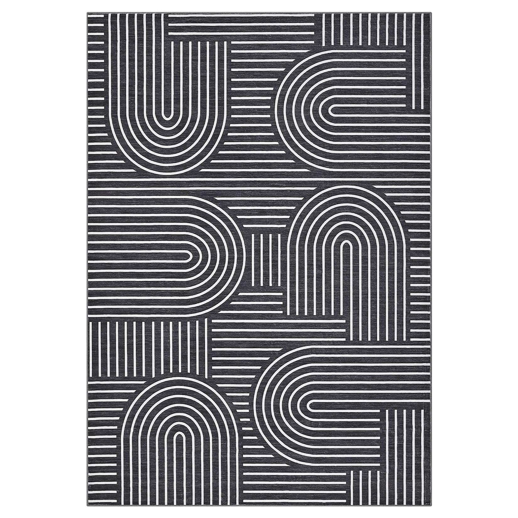 Qeetex LSN-PHK-3368EWU6 8 x 10 ft Polyester Cashmere Black Rectangular Hallway Bathroom Entryway Kitchen Office Foldable Geometric Modern Washable Area Rug