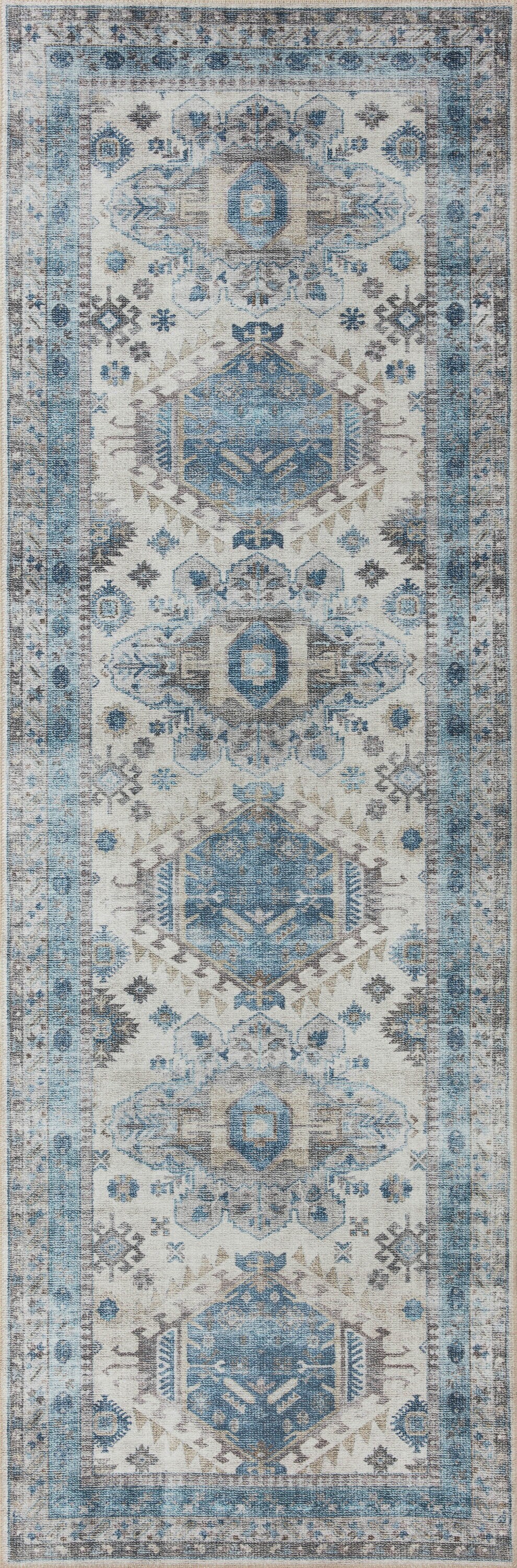 Loloi II HEIDHEI-04IVOC26B6 Heidi 3 x 12 (ft) Loomed Polyester IVORY / OCEAN Rectangular Indoor Distressed/Overdyed Persian Runner rug