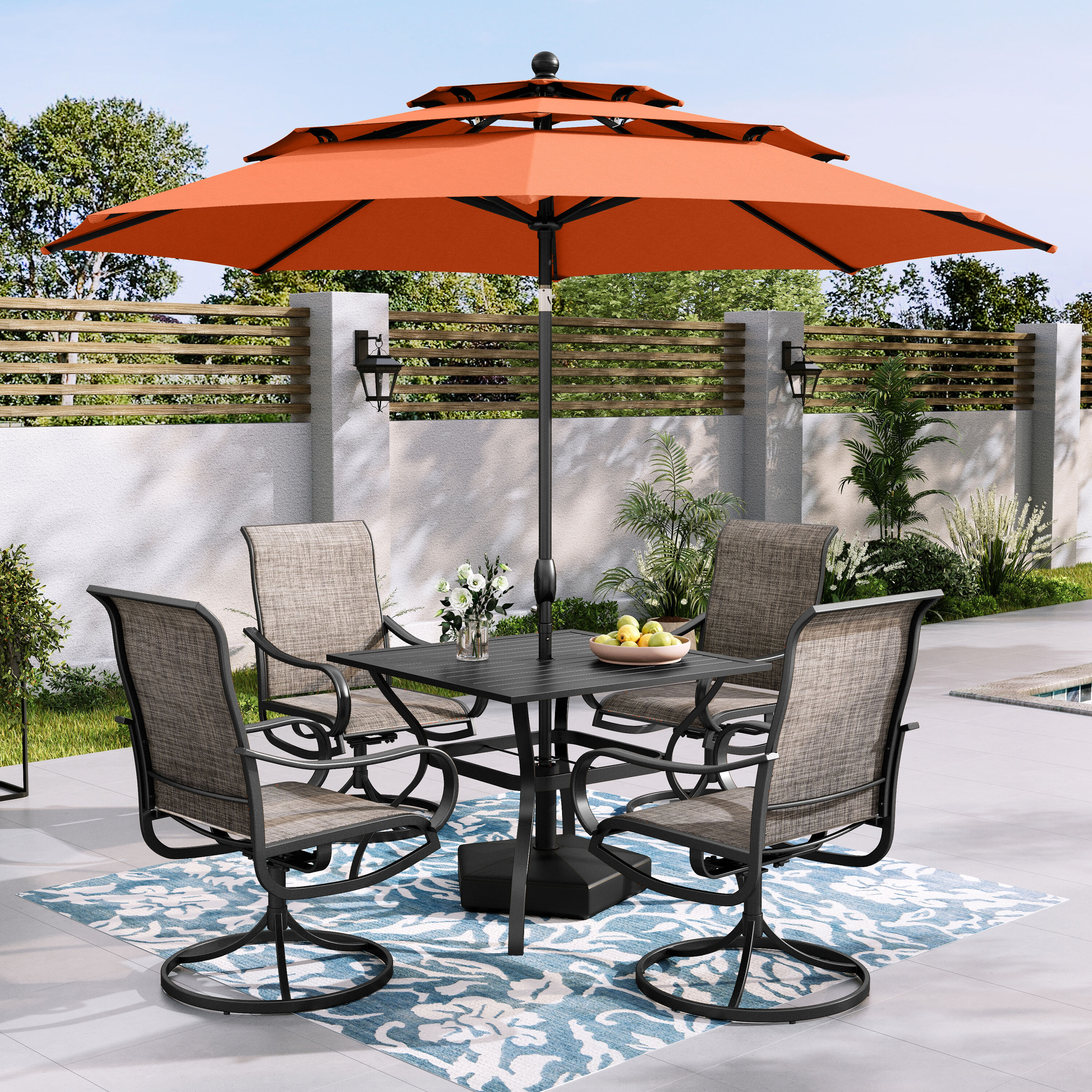 Sunshine Valley TC5-093-B-01-009-R Outdoor Table and Chairs 6 -Piece Black Patio Dining Set Steel Square Table with 4 Brown Swivel Chairs and Umbrella Included