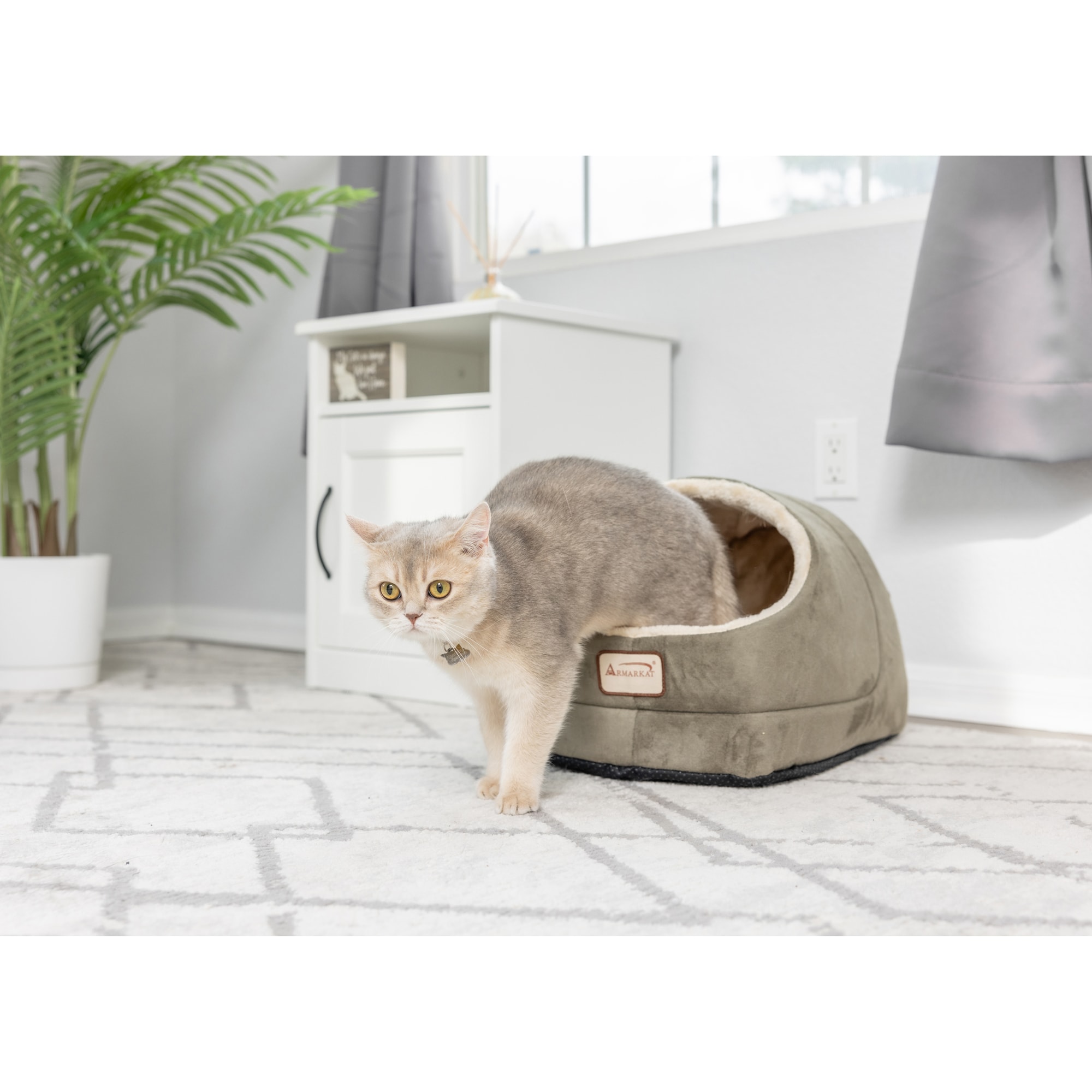 Small Laurel Green and Beige Suede Cat Bed with Fiberfill