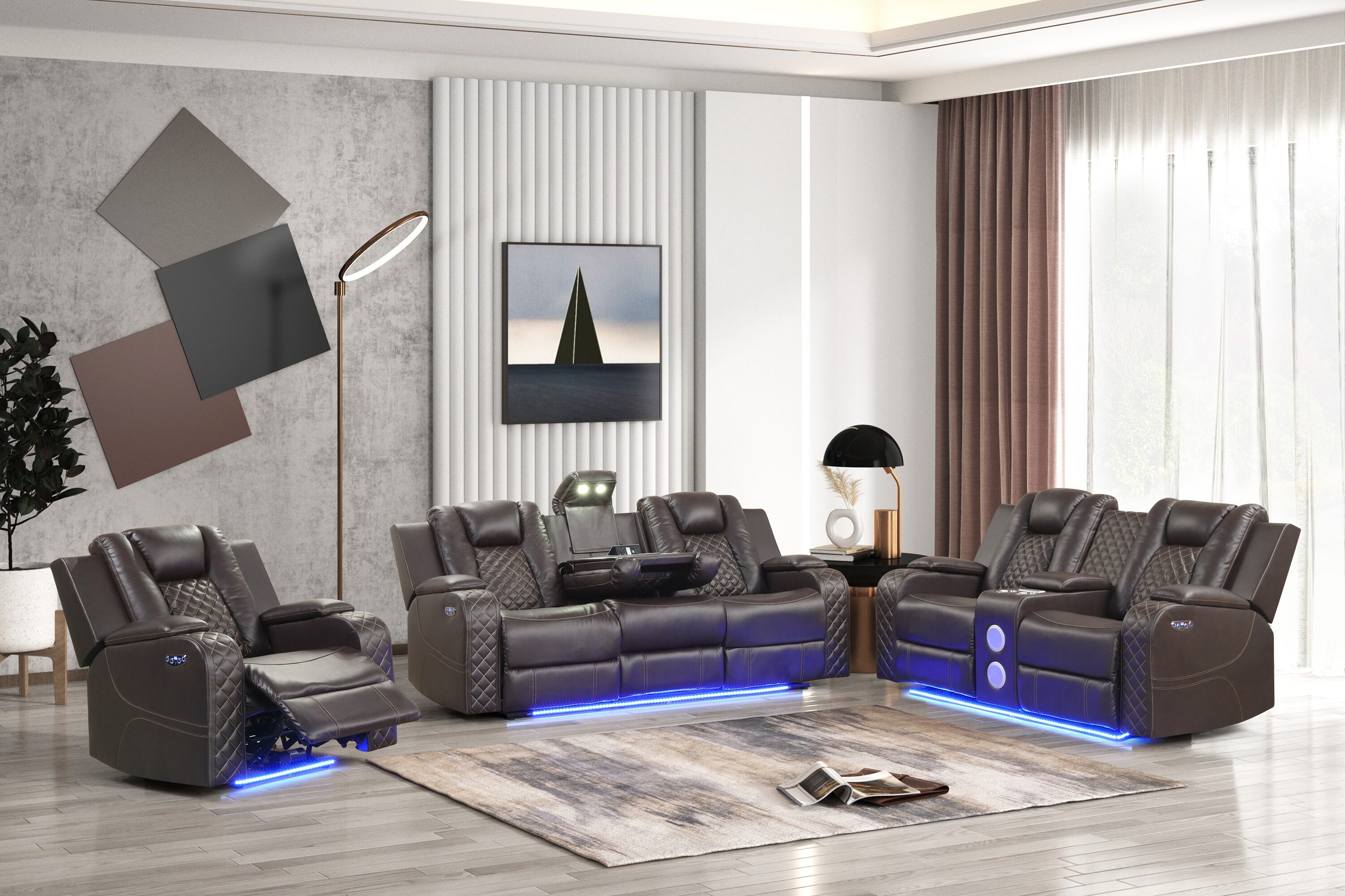 Brown Faux Leather Power Reclining Loveseat with LED Lights