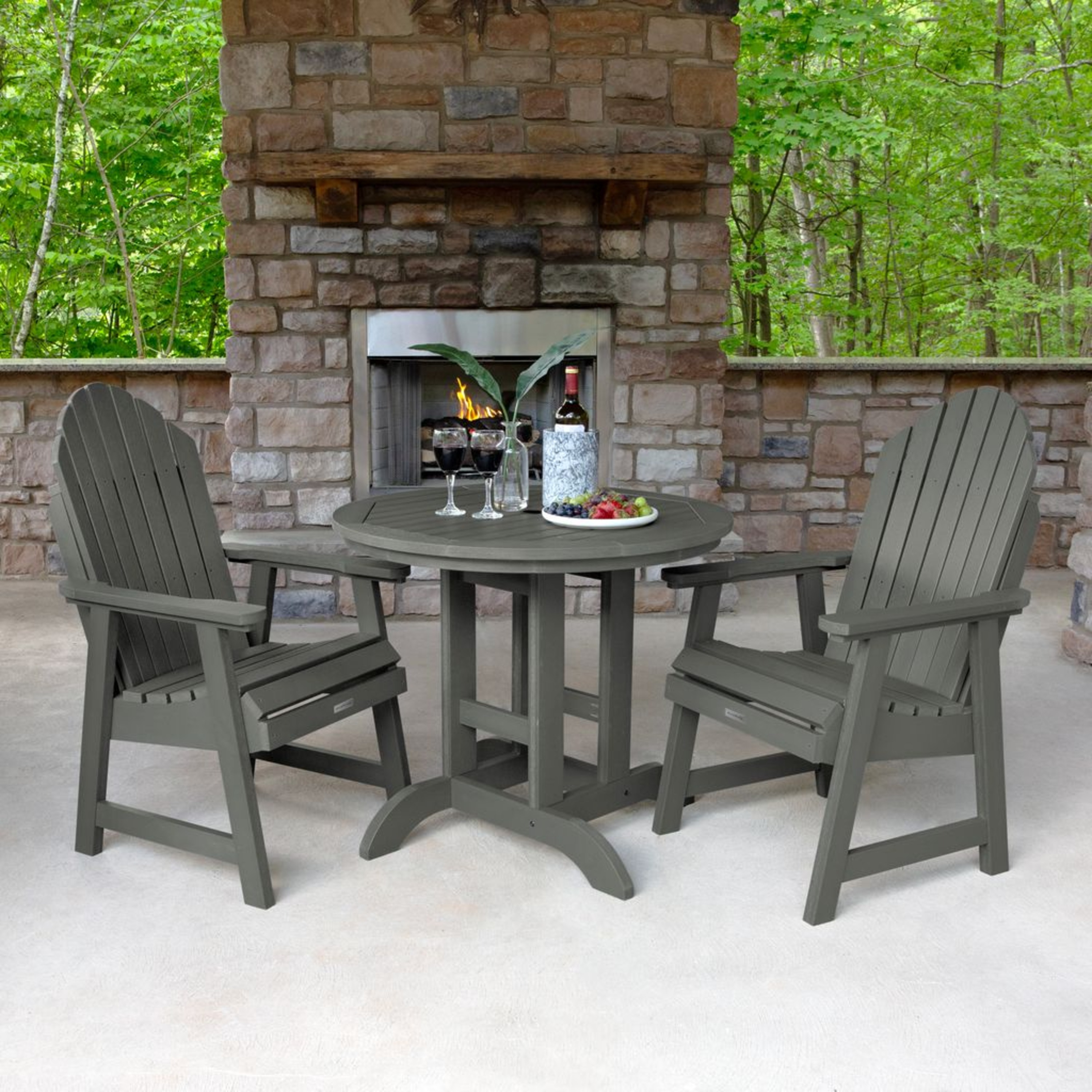 highwood AD-DNA36-CGE The Adirondack 3 -Piece Coastal Teak Patio Dining Set Plastic Round Table with 2 Stationary Chairs