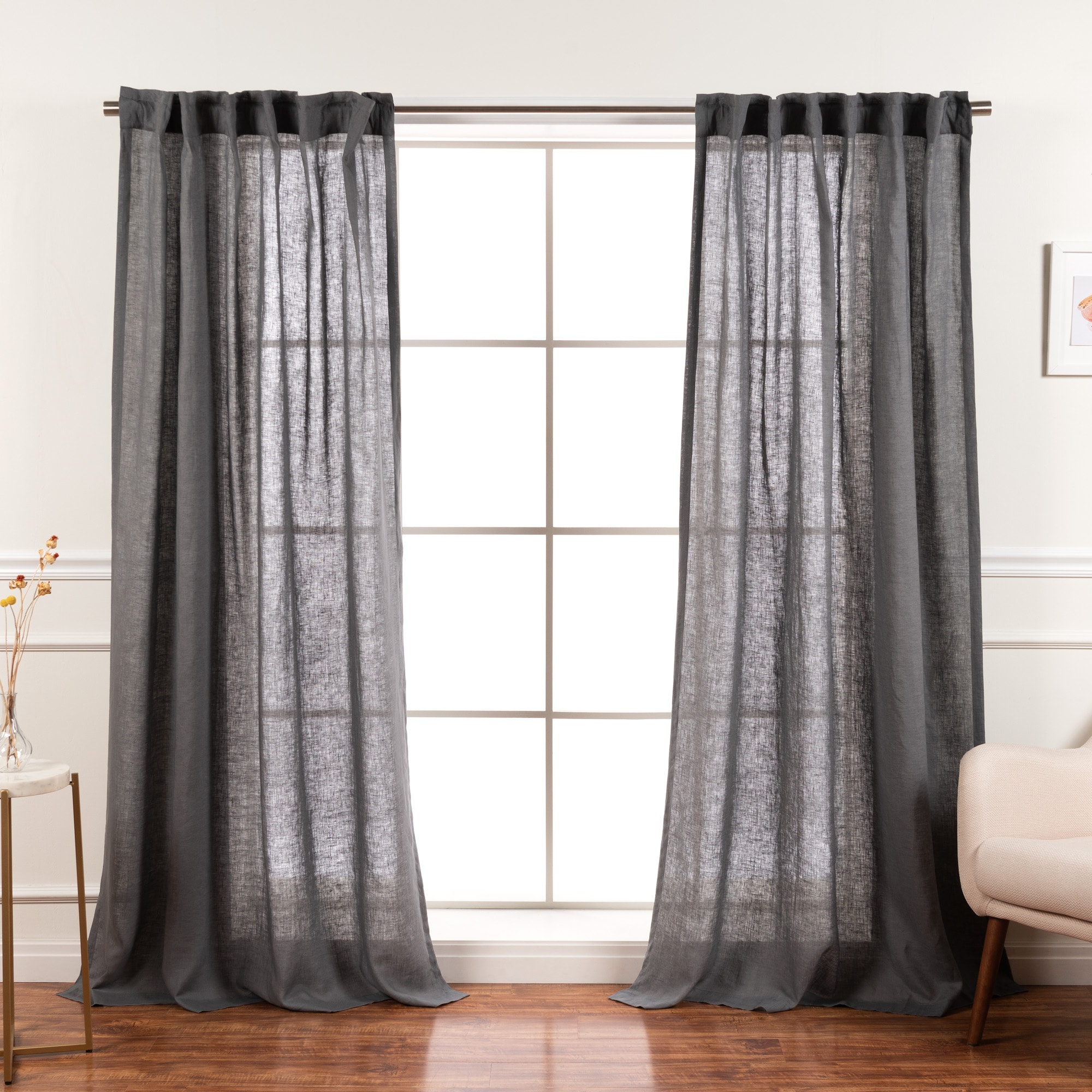 Best Home Fashion YK-01-BT-LN-84-DK.GR 84-Inches Dark Grey Semi-sheer Back tab Curtain panel pair