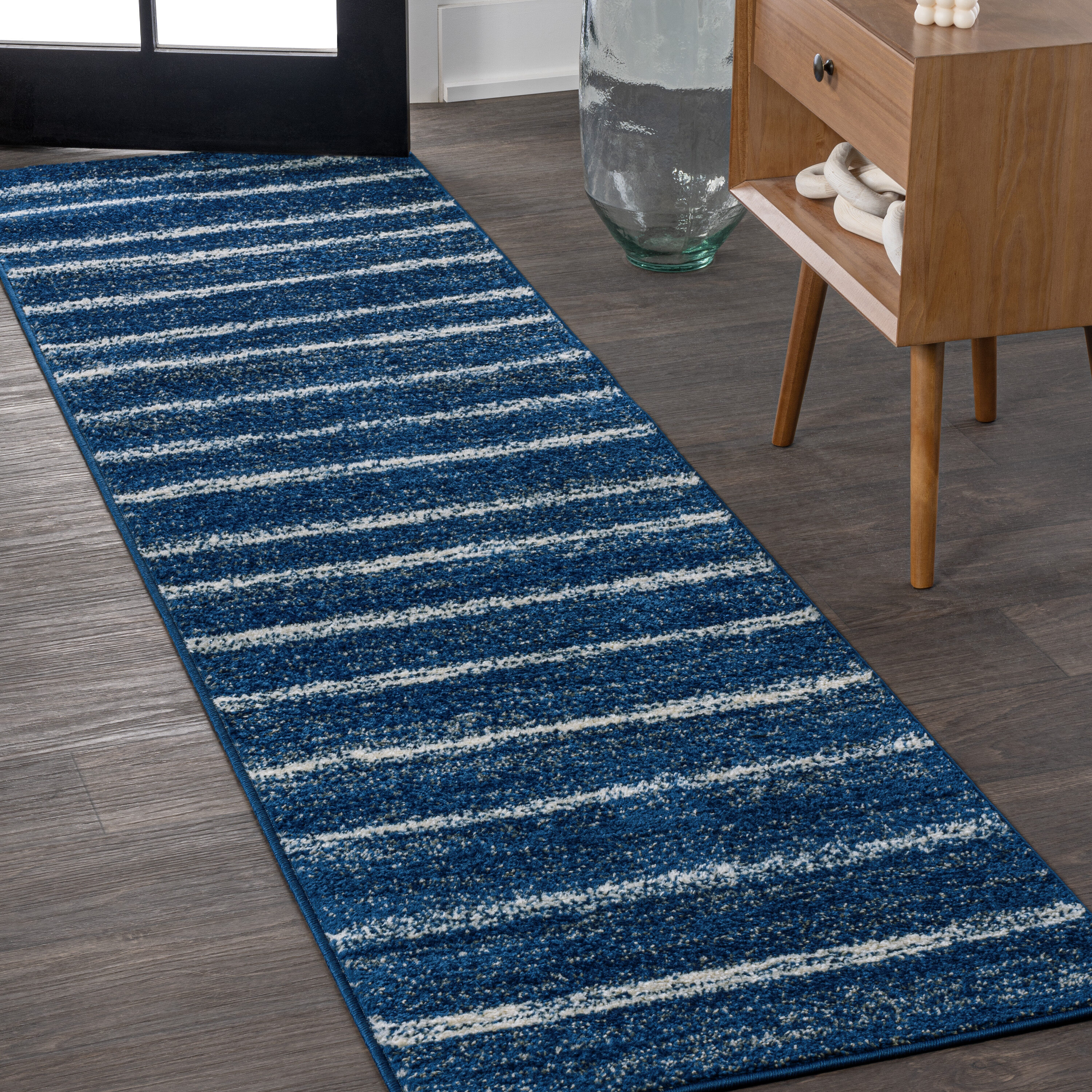 JONATHAN  Y MOH201C-28 Moroccan HYPE Williamsburg Minimalist 2 x 8 (ft) Polypropylene Navy/Cream Rectangular Indoor Stripe Moroccan Runner rug