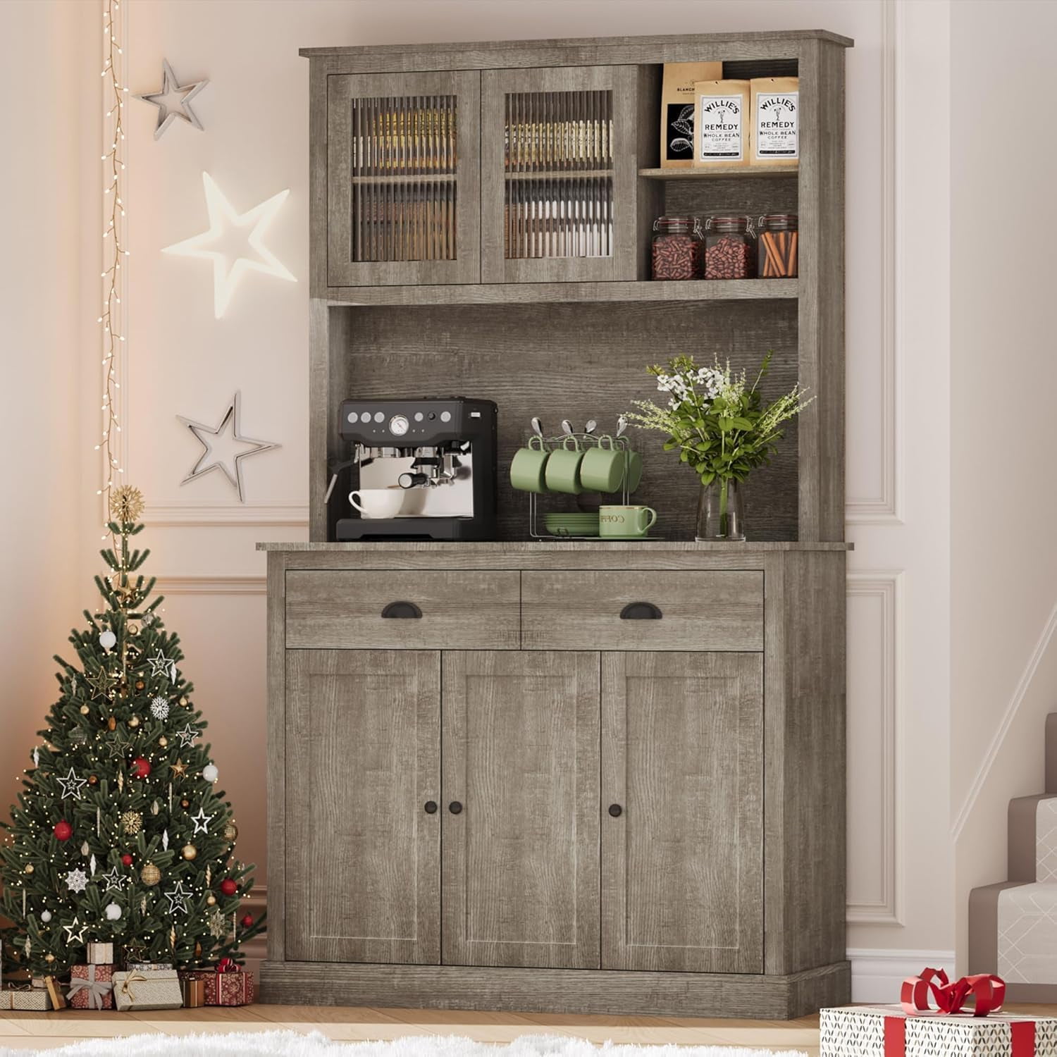 Garvee 71Inch Tall Wood Kitchen Pantry Cabinet - Modern Storage Hutch with Microwave Stand and Coffee Bar Wine Rack for Dining Room Living Room - Grey