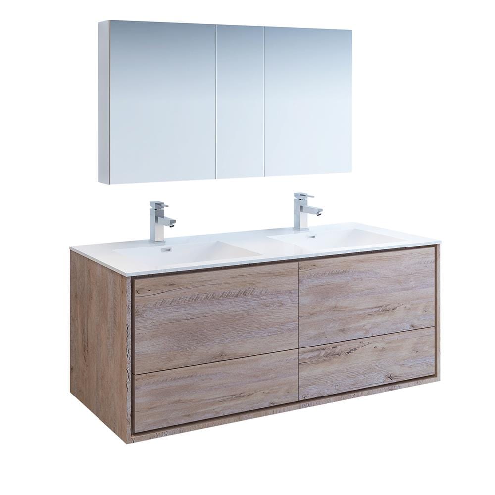 Fresca FVN9260RNW-D Catania 60-in Rustic natural wood Double sink Floating Bathroom Vanity with White Acrylic Top