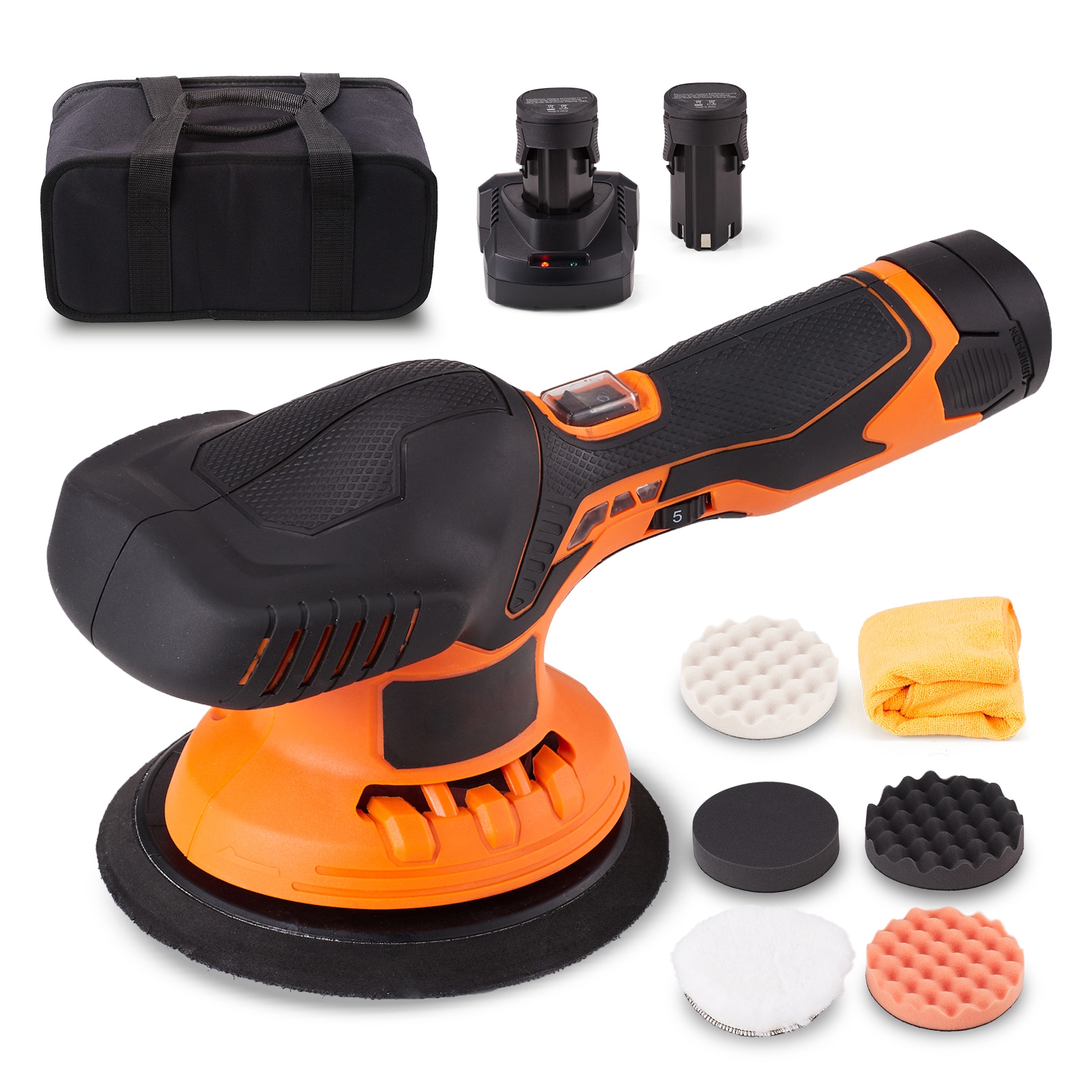GIVIMO Cordless Buffer Polisher 6-in Dual Action with Two 12-V 4.0-Ah Lithium Batteries 6-Speed 2700-RPM to 5200-RPM 48-W Motor 4 Foam Pads 1 Wool Pad and Fast Charger for Car Detailing and Waxing