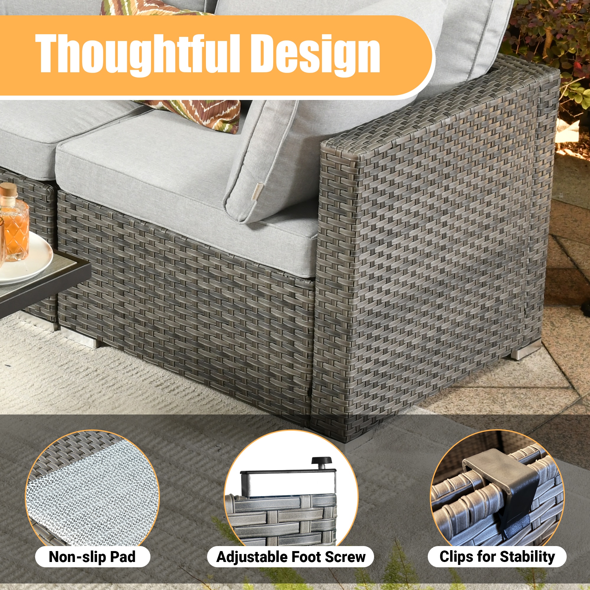 Pouuin Rattan Outdoor Sectional with Gray Cushions and Wicker Frame ...