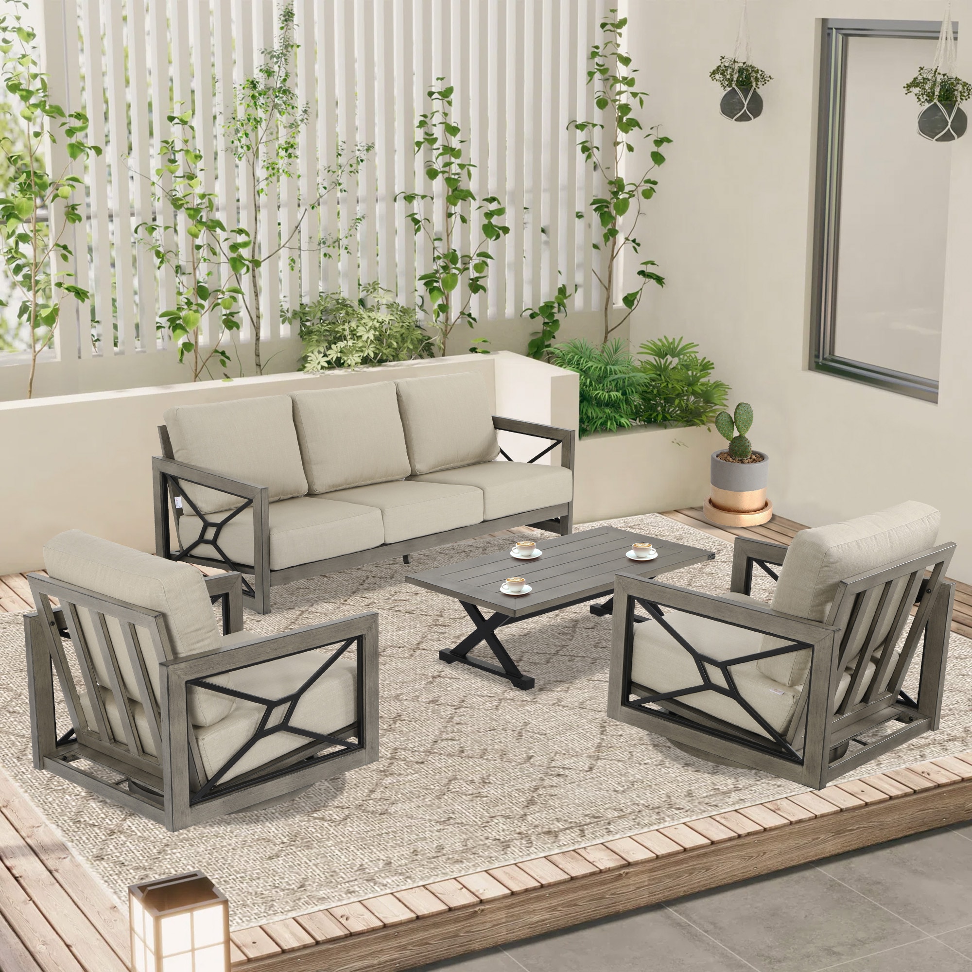 PEAK HOME FURNISHINGS 970452-451-453 Patio 4-Piece Swivel Sofa Set Outdoor Sectional with Beige Cushions and Aluminum Frame