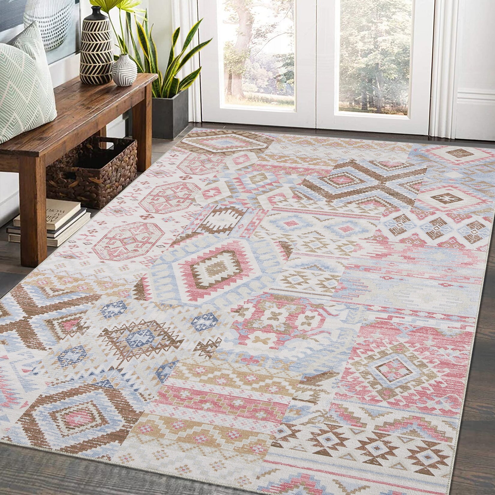 Garvee YXY-LO-PHO-0ZW1RO14 9 x 12 (ft) Loomed Polyester Blue/Pink Rectangular Indoor Tribal Vintage Machine washable Area rug