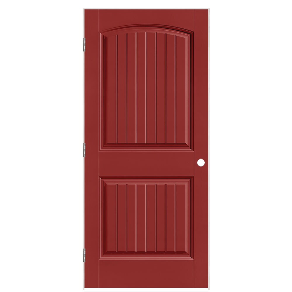 Masonite 1443814 36-in x 80-in Barn Red Solid core 2-panel round top plank Right hand Smooth Prefinished Molded composite Flat Jamb Single Prehung Interior Door