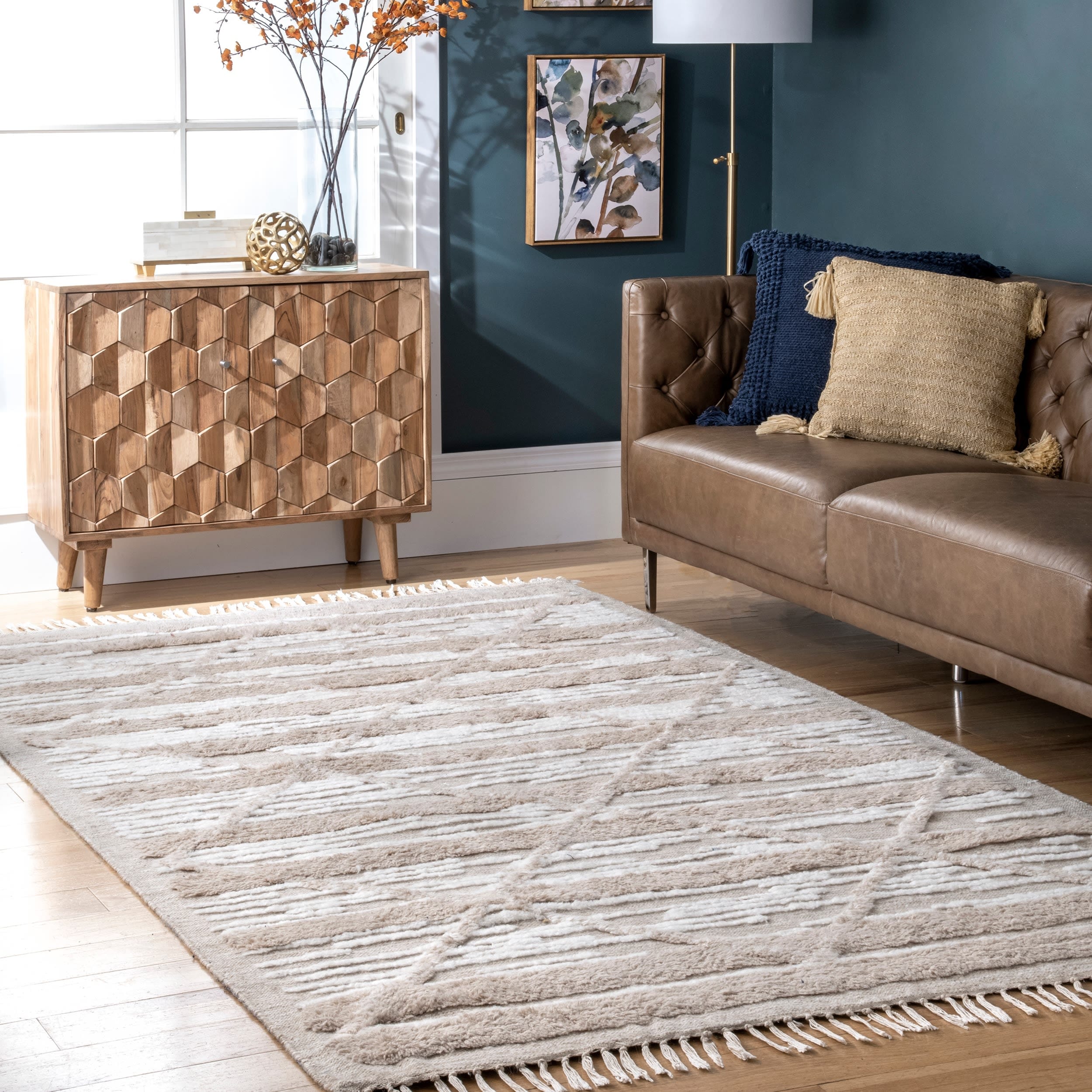 Handmade Geometric Shag Wool-Cotton Area Rug, 5' x 8', Beige