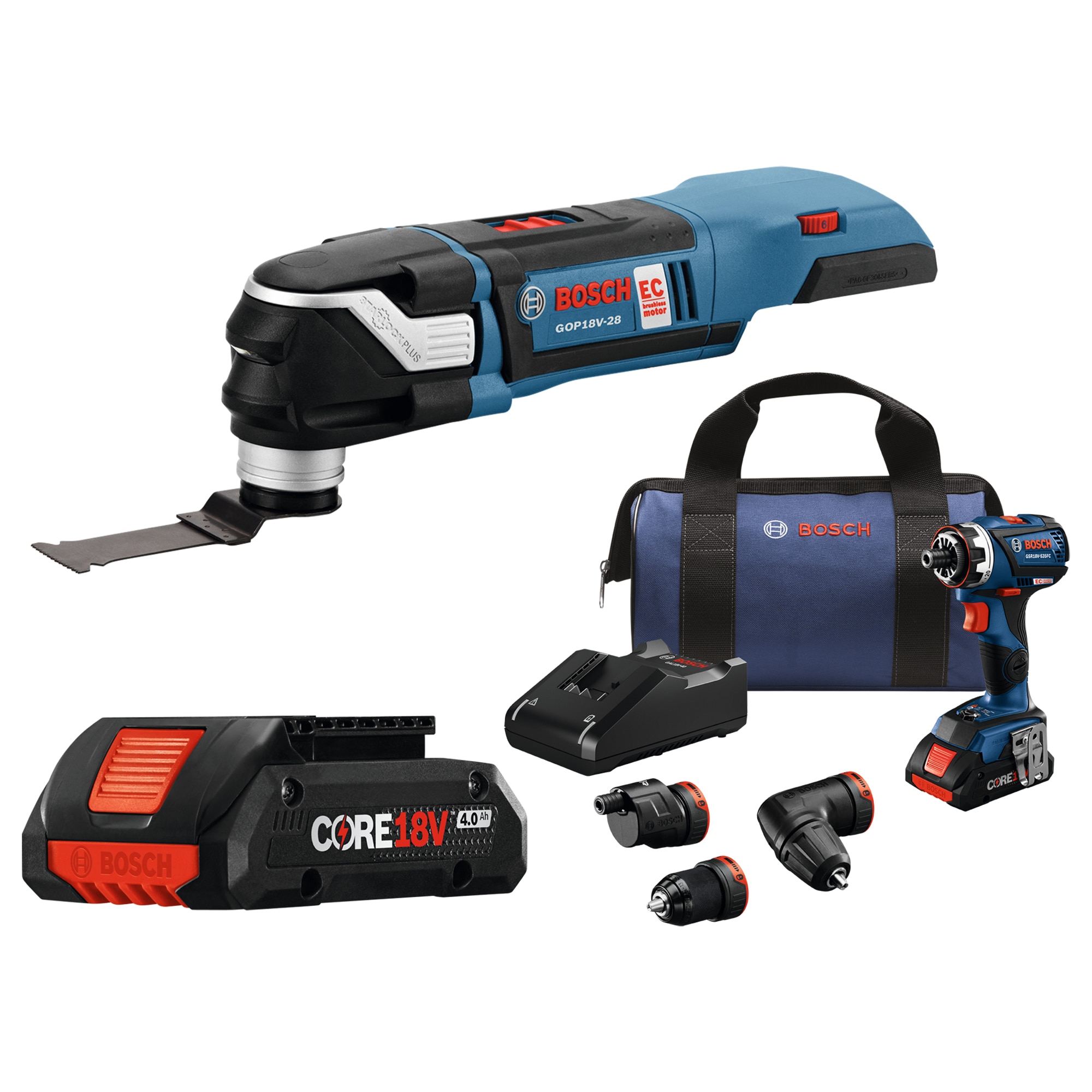 Bosch 18V Brushless 3-Tool Kit w/ Chameleon 5-in-1 Drill Driver/ Starlock Oscillating Tool/ 2x4.0ah Batteries, Charger and Bag