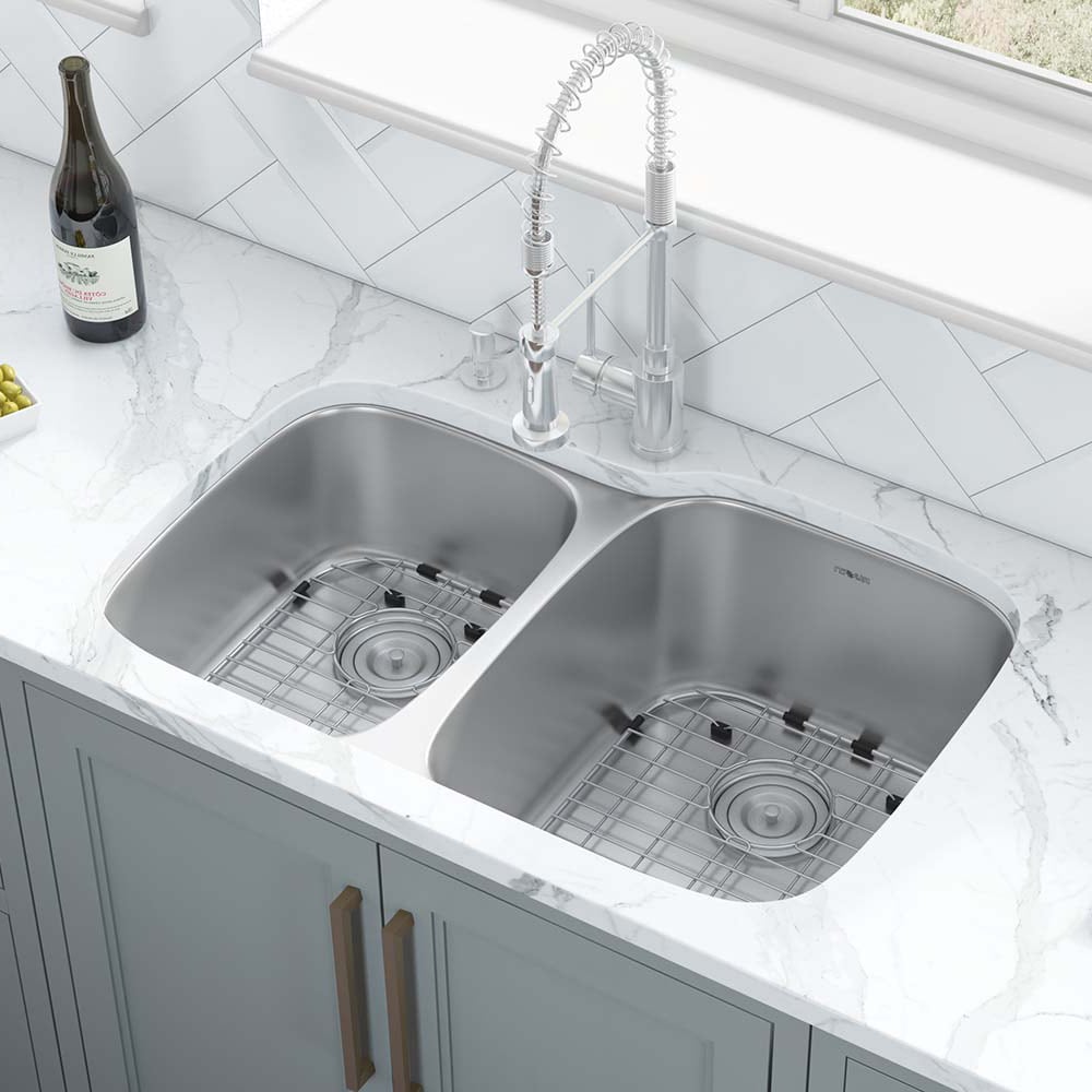 Ruvati Parmi Undermount 32.25-in x 18.875-in Brushed Stainless Steel Double  Offset Bowl Kitchen Sink in the Kitchen Sinks department at