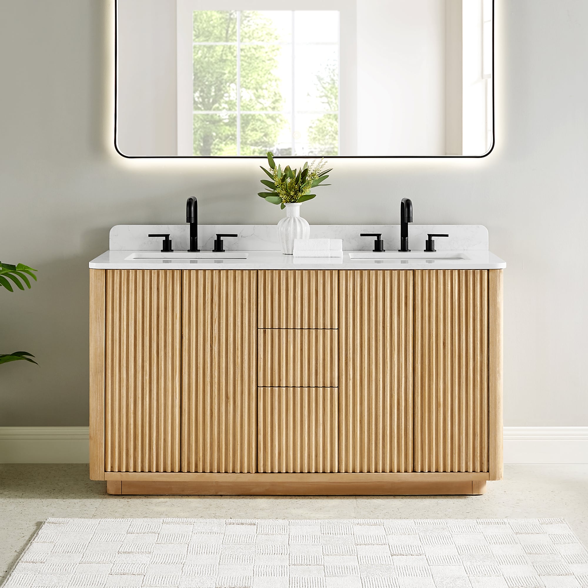 Altair 580060-WL-GW-NM Clayton 60-in Washed Light Brown Undermount Double Sink Bathroom Vanity with Grain White Engineered Stone Top