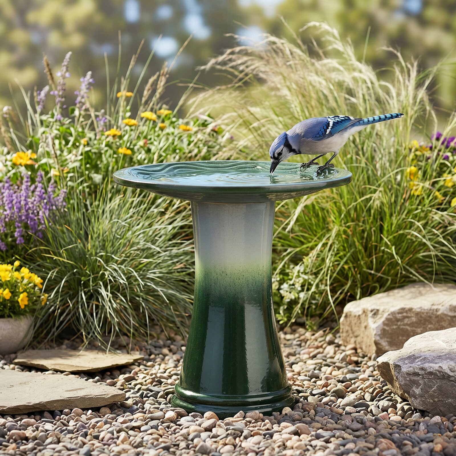 SunJet Outdoor Bird Bath Green Gradient Ceramic Design with Detailed ...