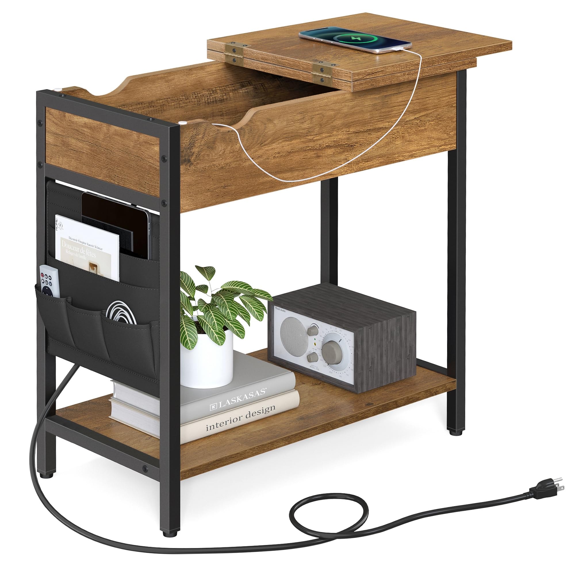 SONGMICS HOME LET310B41V1 Side Table with Storage and USB Ports Rustic Walnut and Black Finish