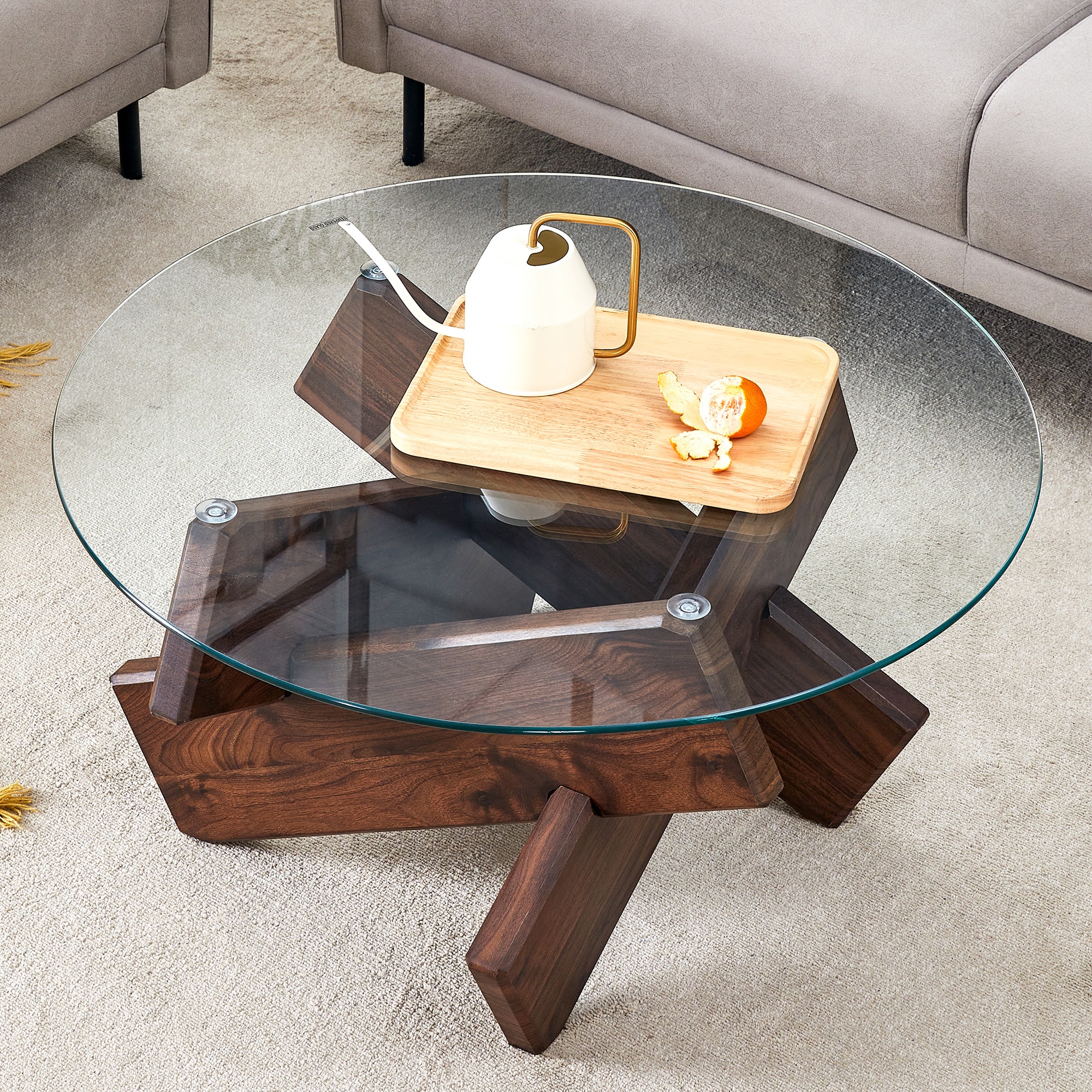 LUXEYARD Round glass coffee table 33.4Inch modern design unique coffee ...