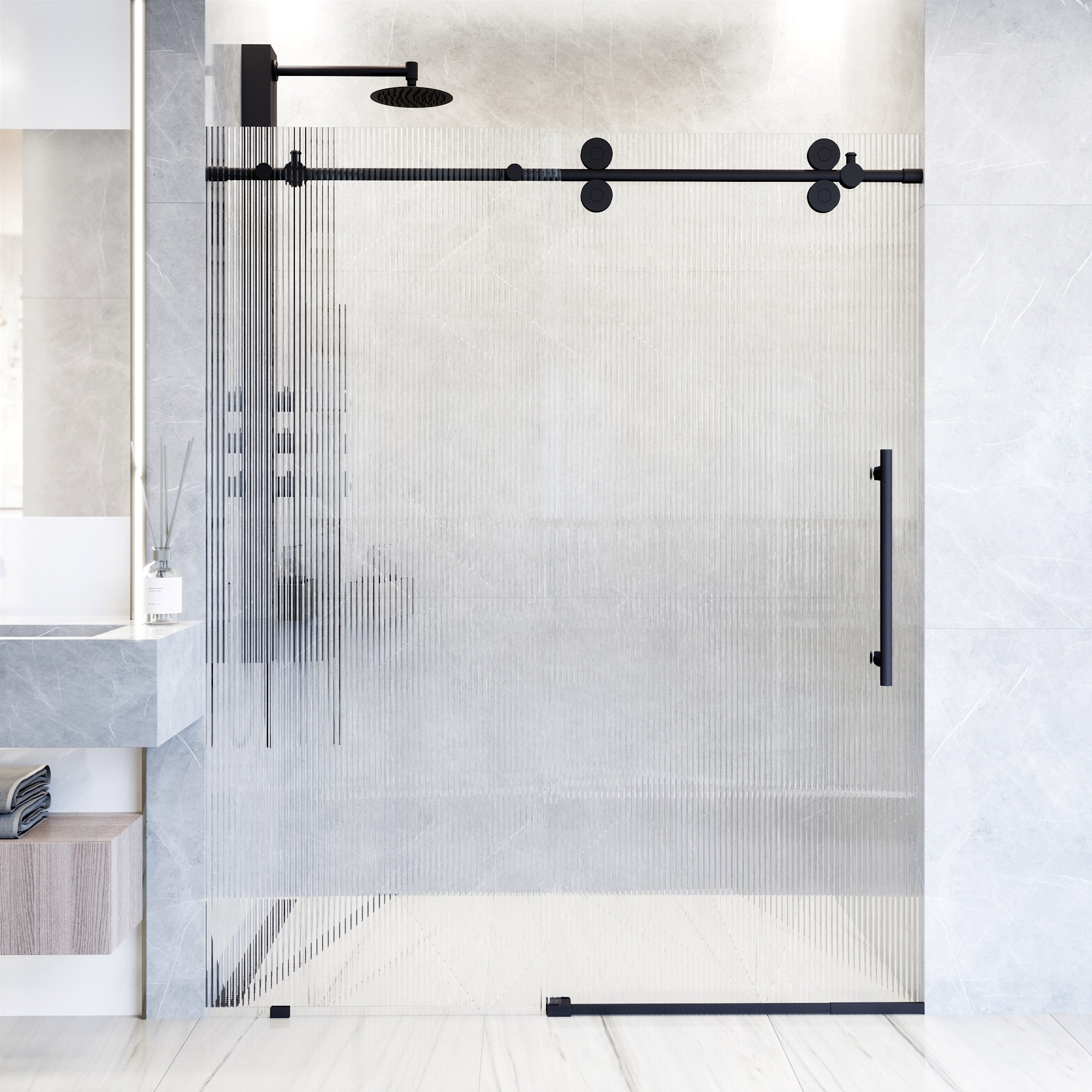 VIGO VG6041MBFL6074R Elan Matte Black 56-in to 60-in W x 74-in H Frameless Sliding Shower Door 3/8-in Thick Patterned Glass