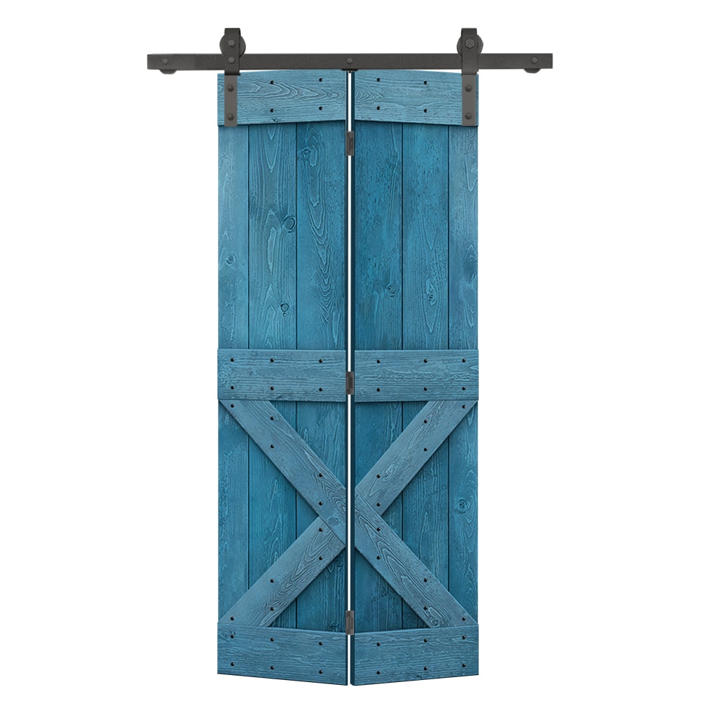 CALHOME BF1100S+011-38N 38-in x 84-in Ocean Blue X-frame Pine Wood Solid core Single bifold Barn Door (Hardware Included)