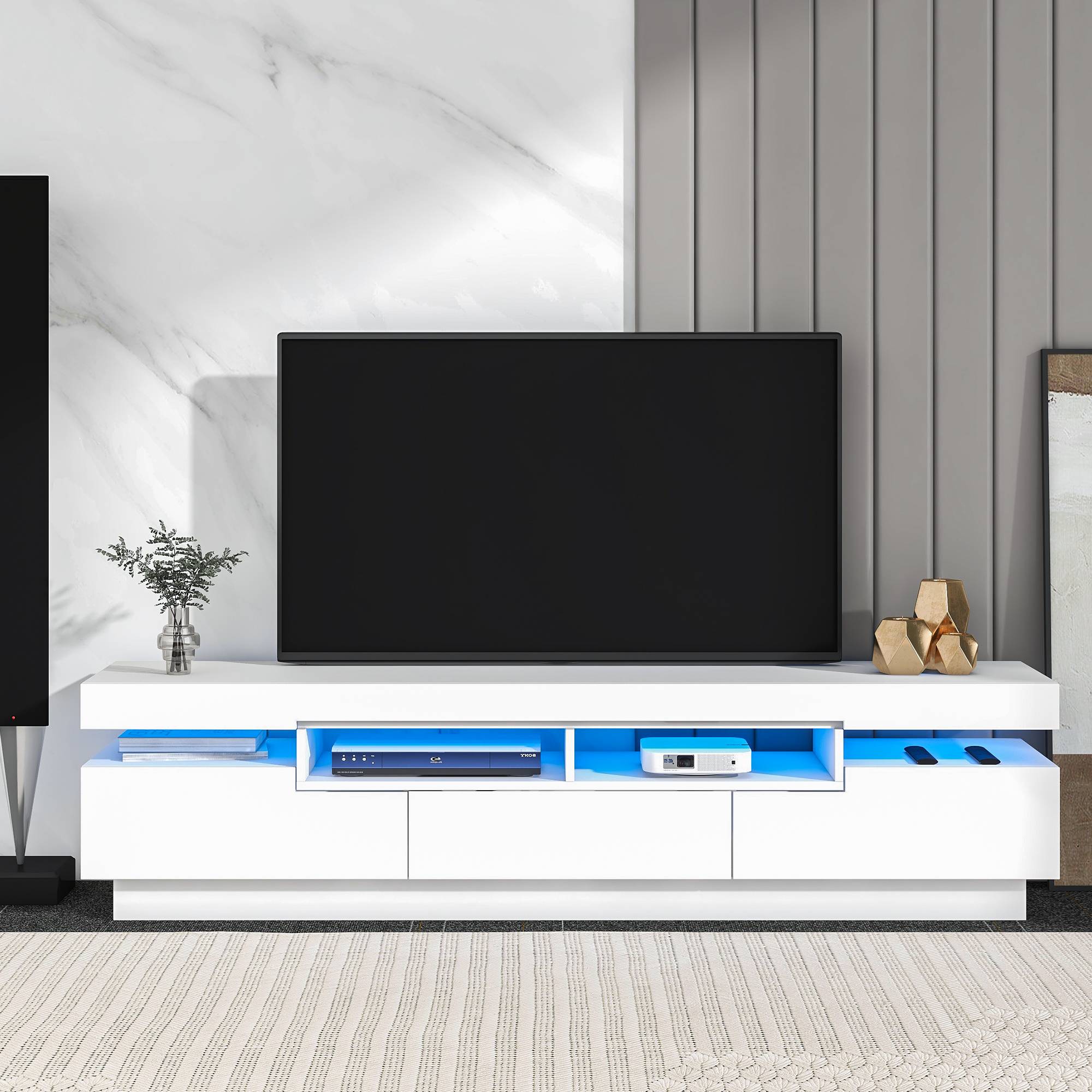 Modern White TV Stand with LED Lights, 71 Gaming Entertainment