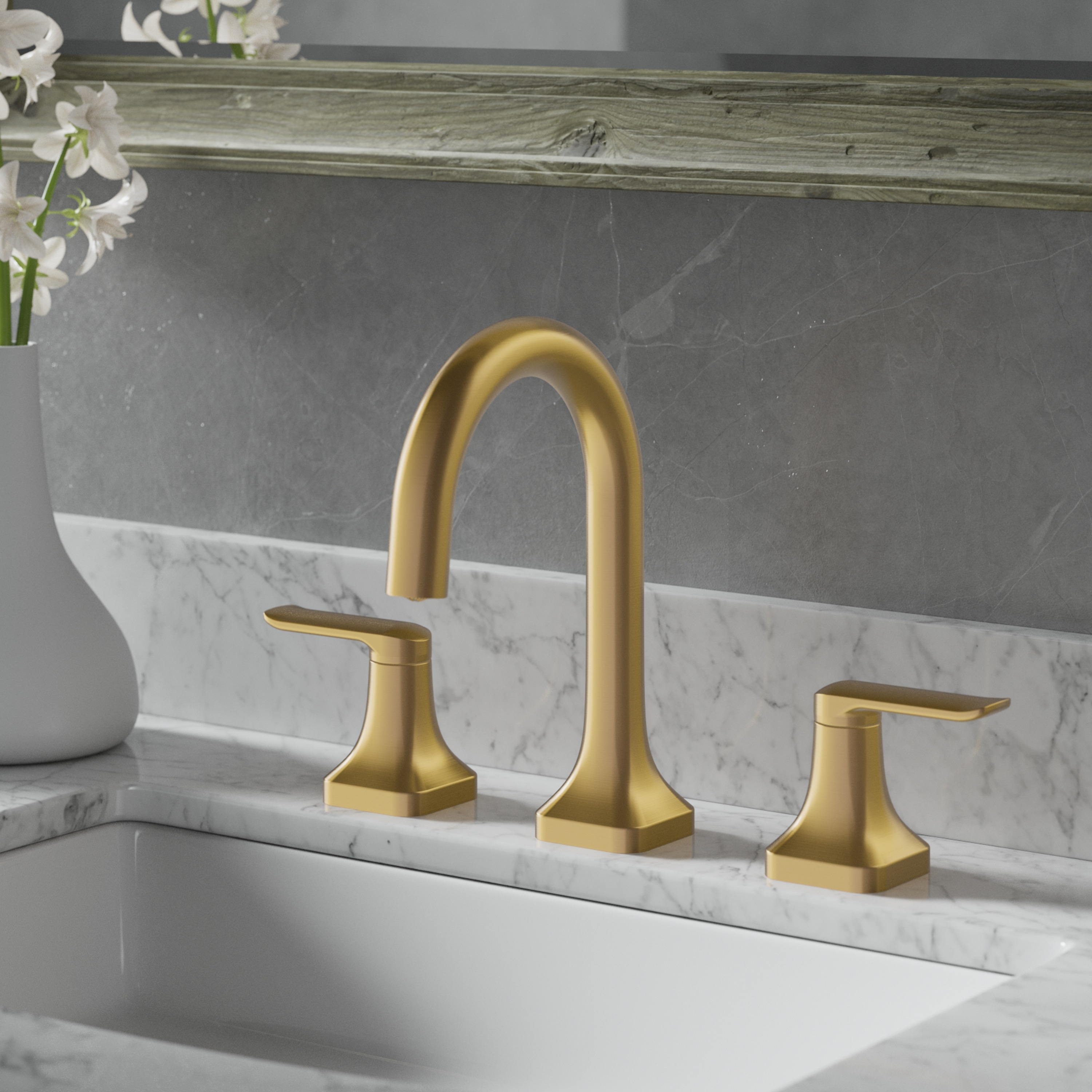 allen + roth FW6AC037CZ Dunmore Brushed Gold Widespread 2-handle WaterSense High-arc Residential Handle Bathroom Sink Faucet with Drain