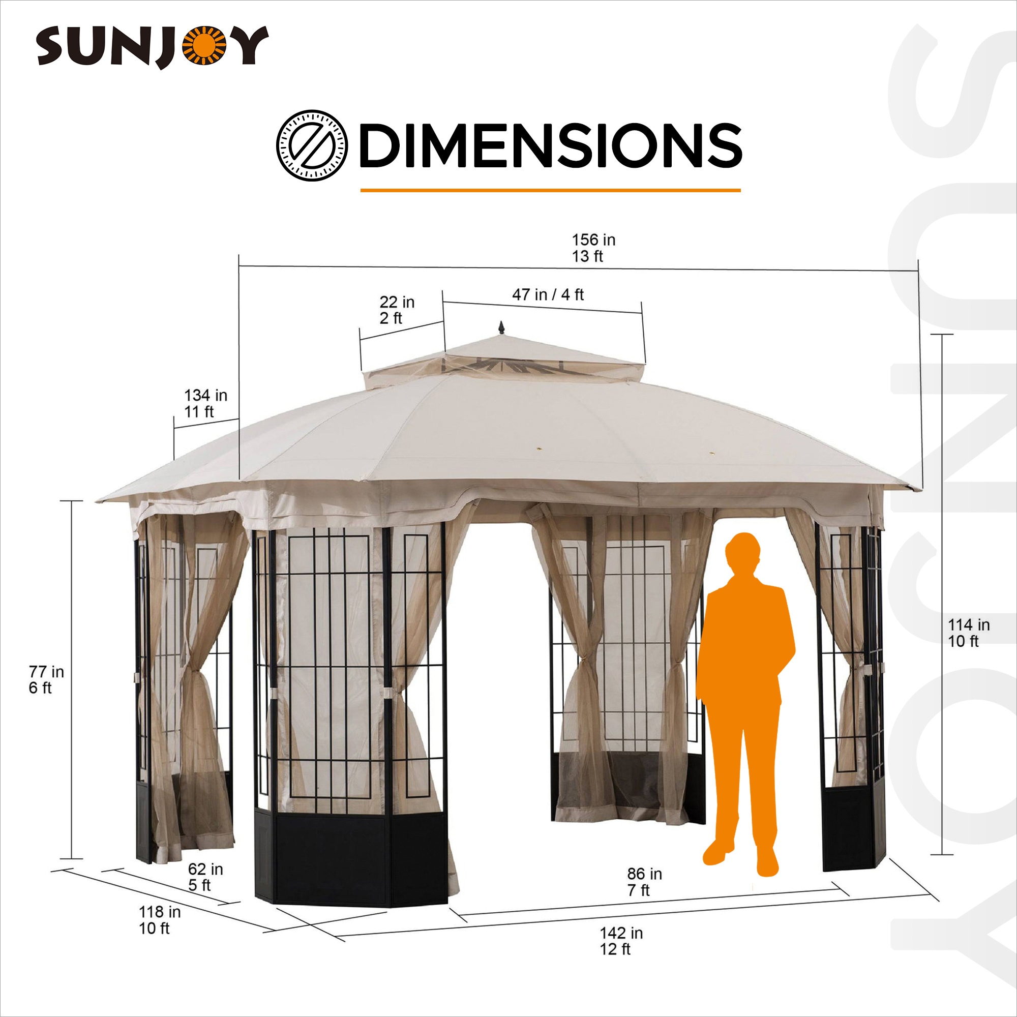 Sunjoy Beige Canopy Black Steel Frame Octagon Gazebo with Mosquito Netting