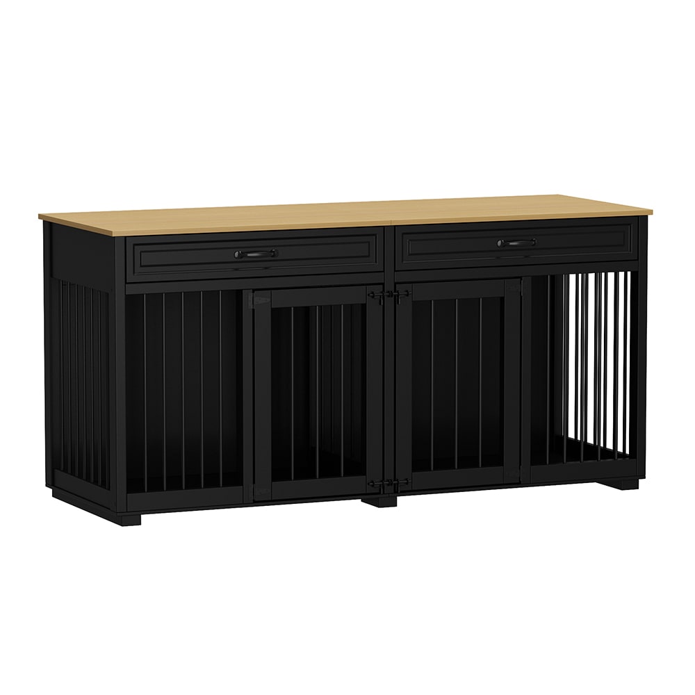 Homsee C-KF150161-02 Black Wood 64 in Wide Accent Storage Cabinet Dog Crate Furniture with Two Drawers Divider Design for Small and Medium Dogs