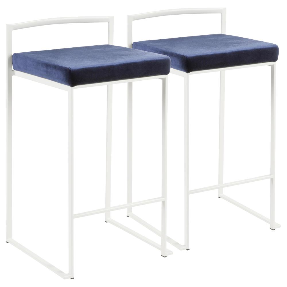 LumiSource B26-FUJI W+VBU2 Fuji Set of 2 White, Blue 31-in H Bar height Upholstered Stackable Metal Bar Stool