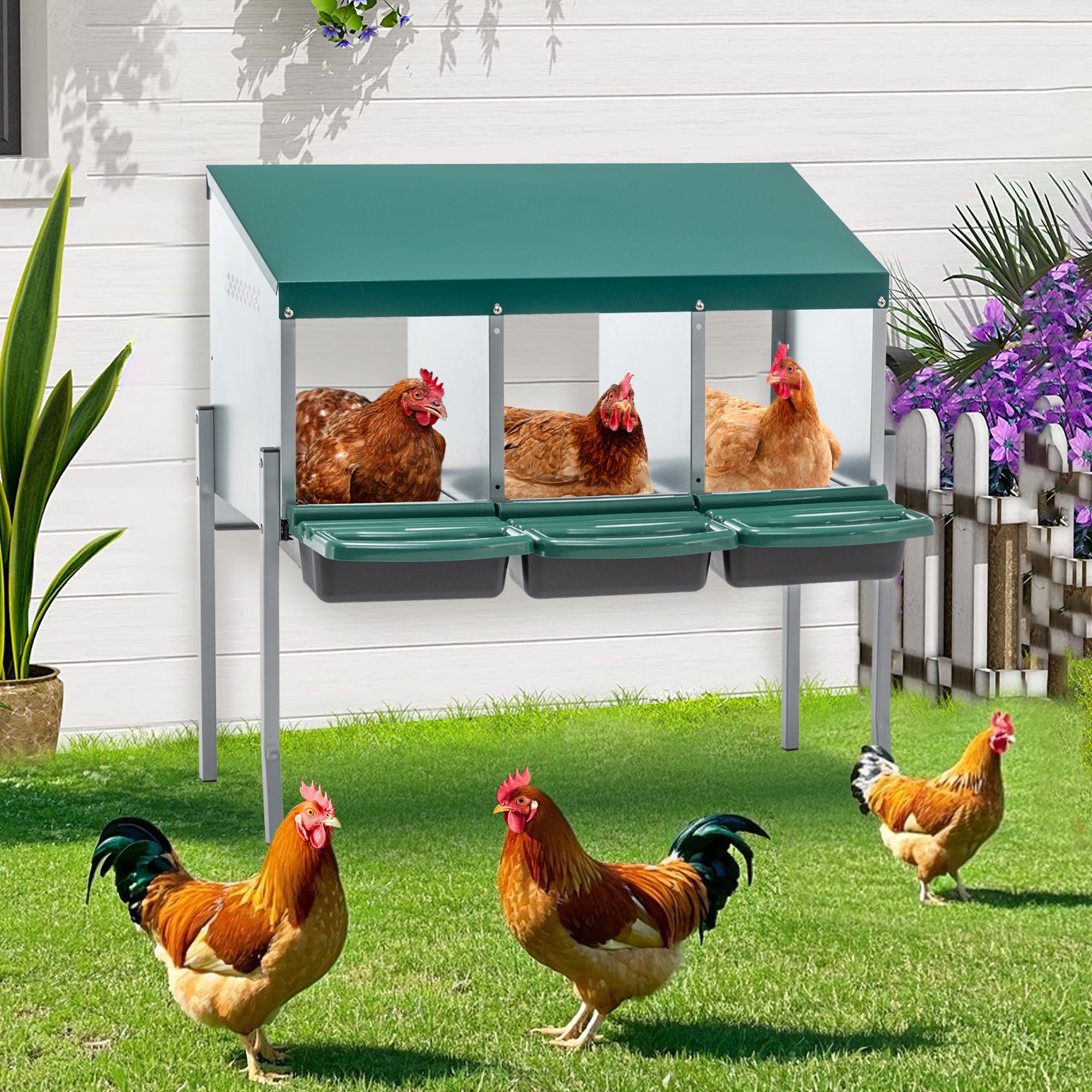 Tatayosi XH-2P292940 Nesting Boxes for Chickens 3 Holes Chicken Nesting Boxes with Legs Chicken Laying Box with Lid Cover for Outdoor Chicken Coop Farm Yard Rreen