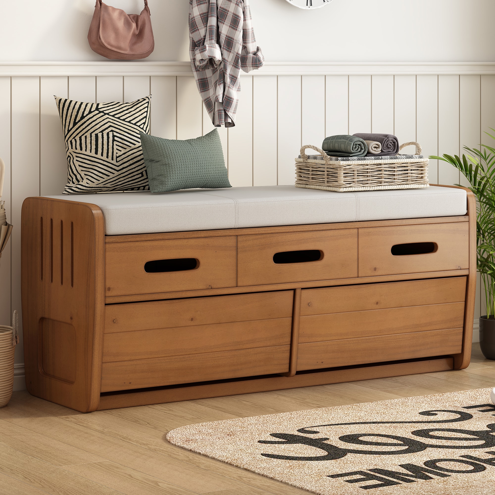 Qualler FSUBTM395N Modern Natural Wood Storage Bench with Storage 43-in x 15-in x 18.5-in