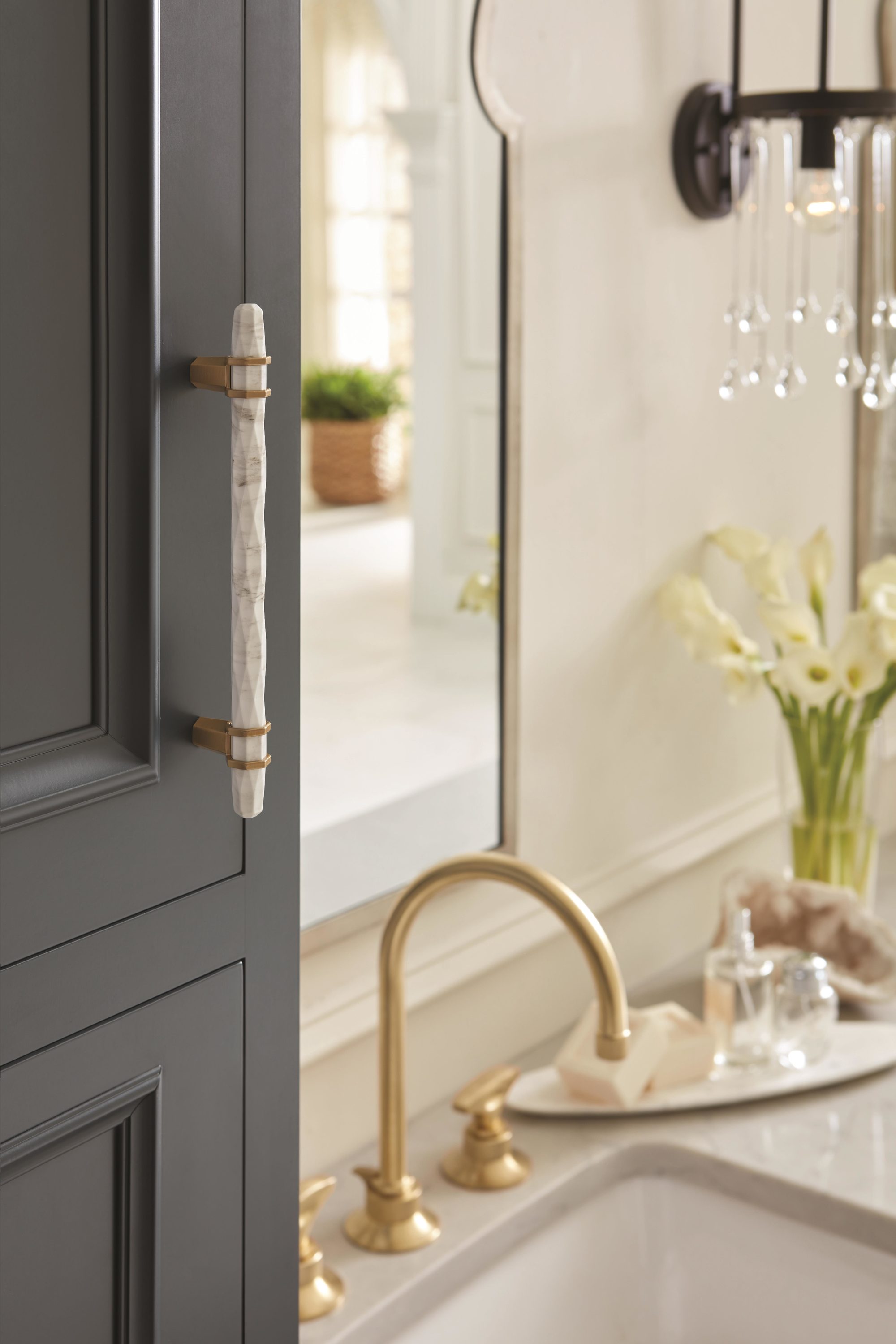 Marble White and Bronze Modern Bar Pull with Mounting Hardware