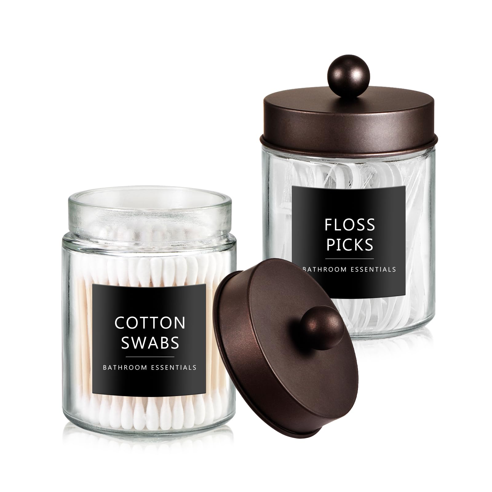 KIWDZFU  Glass Apothecary Jars with Stainless Steel Lids 2 Pack Bathroom Storage Organizer Set for Cotton Swabs Balls Floss Picks Bronze