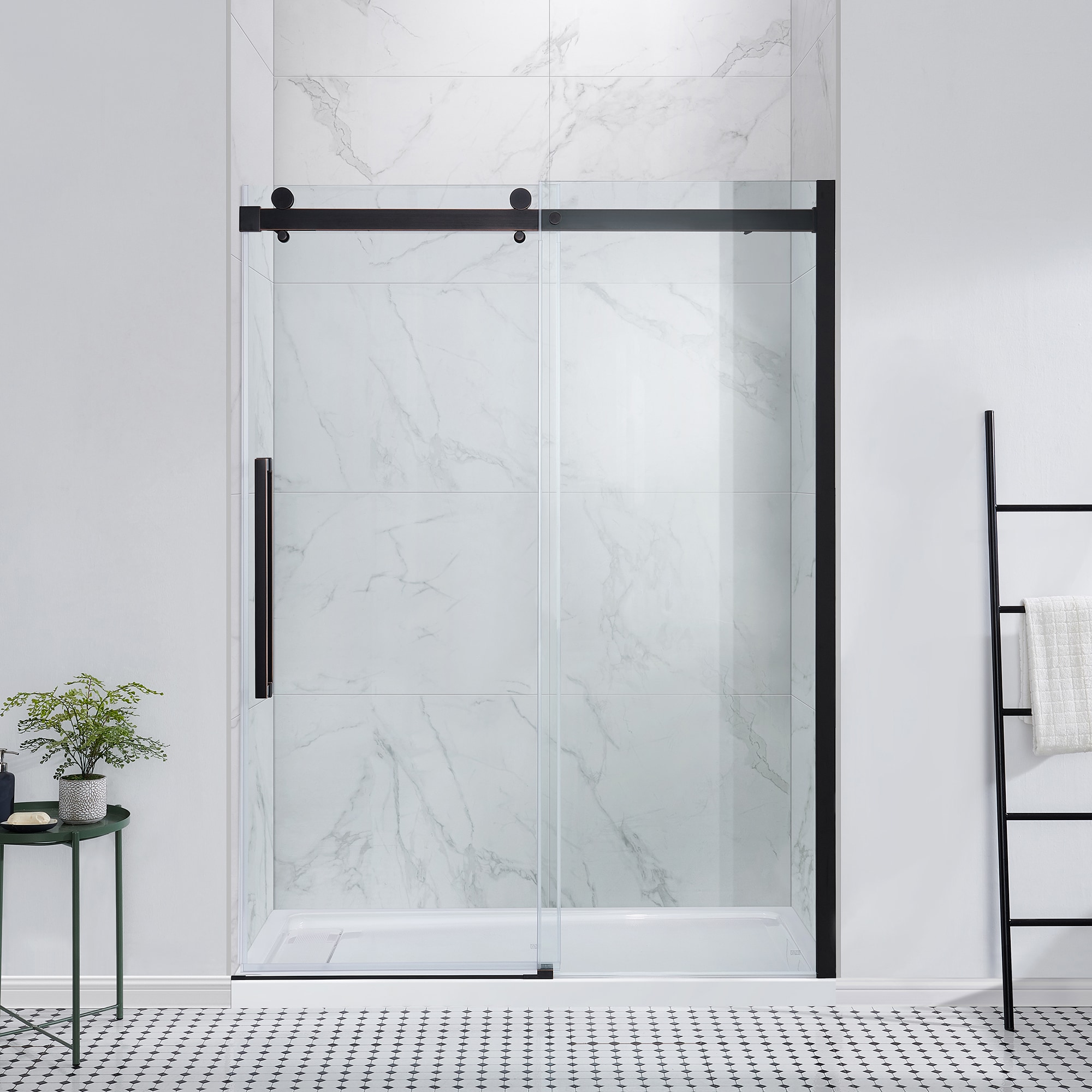 OVE Decors Bel Soft-Close Oil-Rubbed Bronze 58-in to 60-in x 78.75-in  Frameless Sliding Soft Close Shower Door in the Shower Doors department at