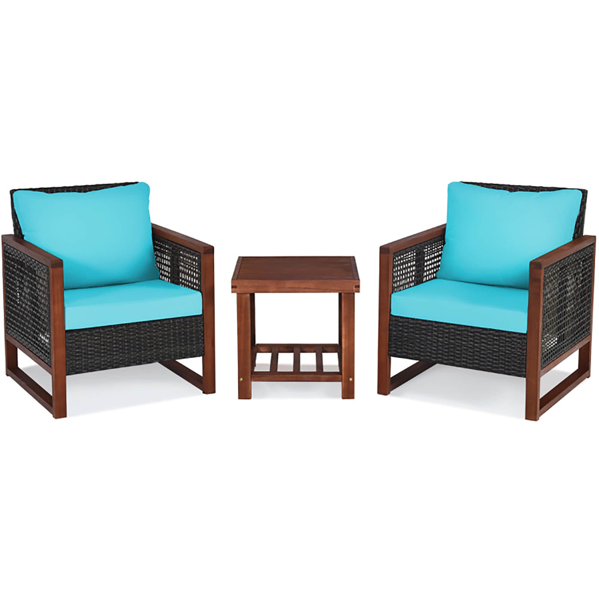CASAINC WF-HW65227TU 3 Pieces Acacia Wood Patio Furniture Set with Coffee Table 3 -Piece Rattan Patio Conversation Set with Brown Cushions