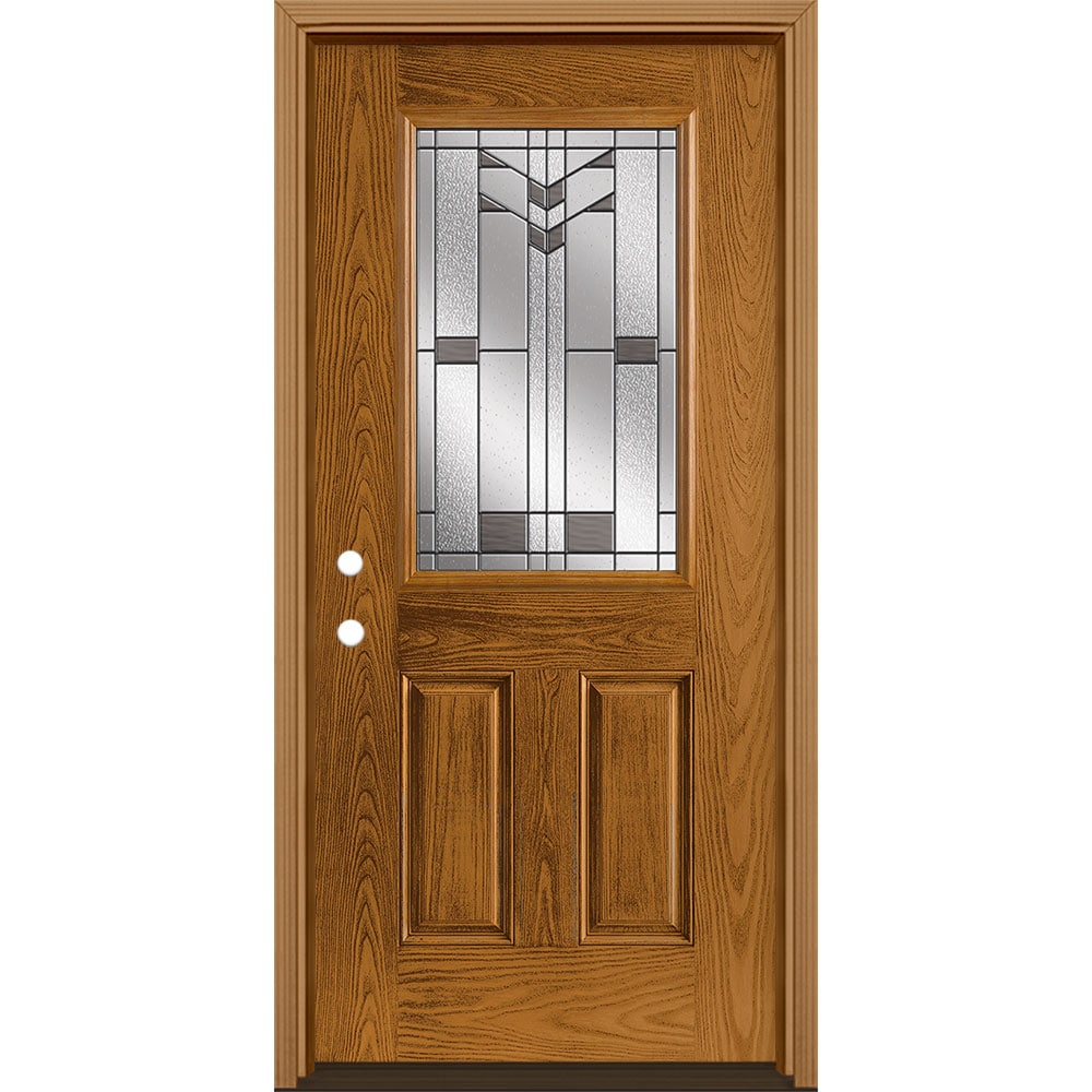 Masonite 3420240 Frontier 36-in x 80-in x 4-9/16-in Fiberglass Half lite Right-hand inswing Oakcrest Stained Prehung Front Door with Brickmould Insulating core