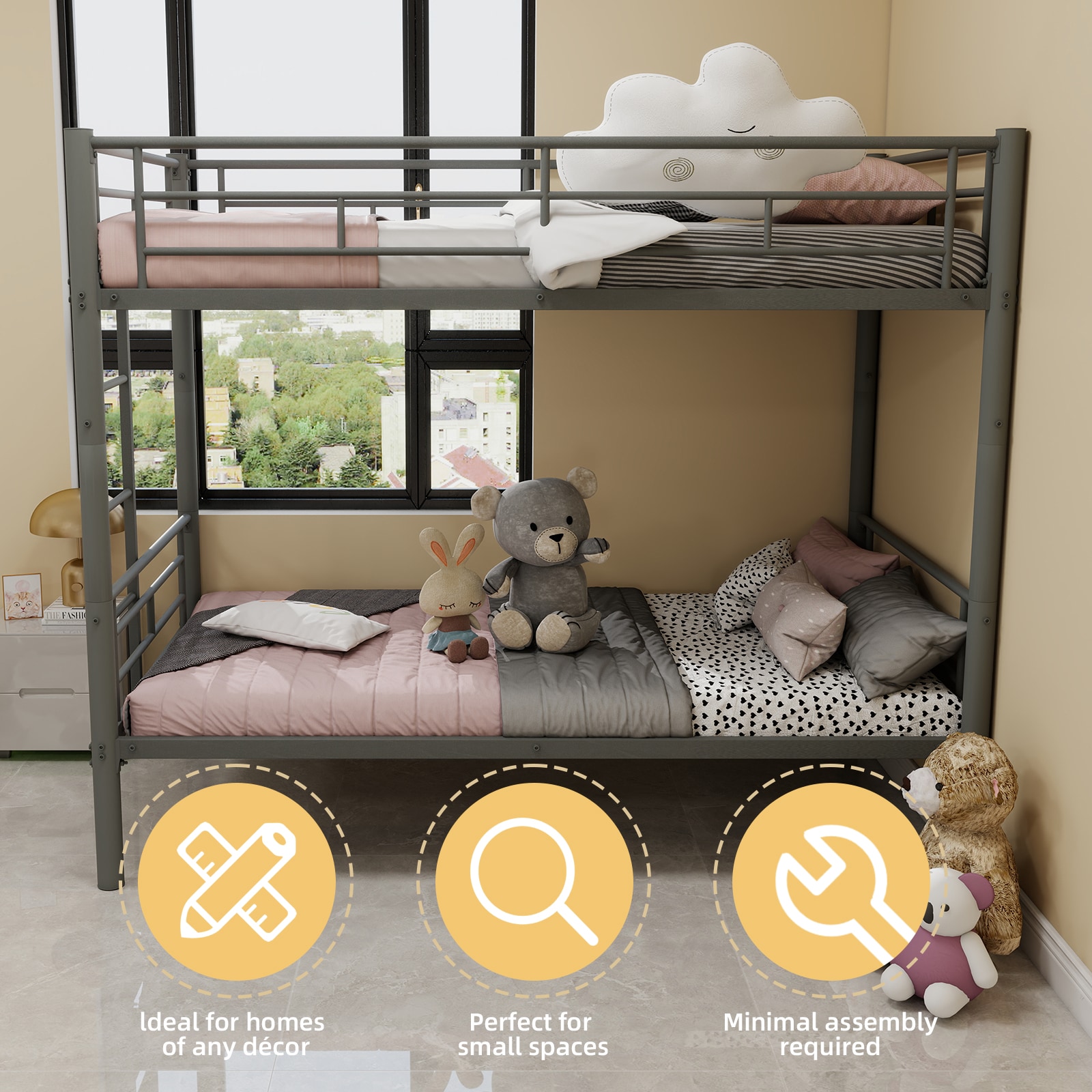 Bellemave Twin Over Twin Bunk Bed Frame Metal Convertible Detachable Into Two Beds Heavy Duty Space Saving Silver