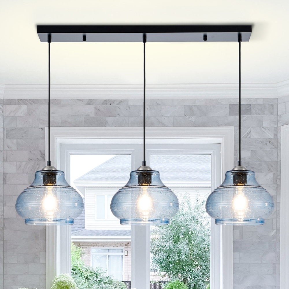 Henveton Kinlea 3 Light Modern Vintage Blue Bubble Glass Linear Dining Room Pendant Light Adjustable Hanging Kitchen Island Light