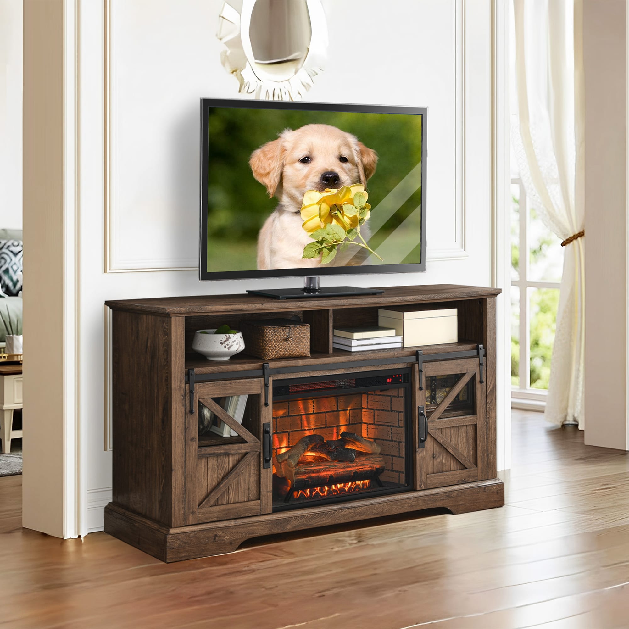 Sunrinx MG63-5-GSD 60-Inches W Brown TV Stand with Infrared quartz Flat wall Electric Fireplace with Remote Control Included