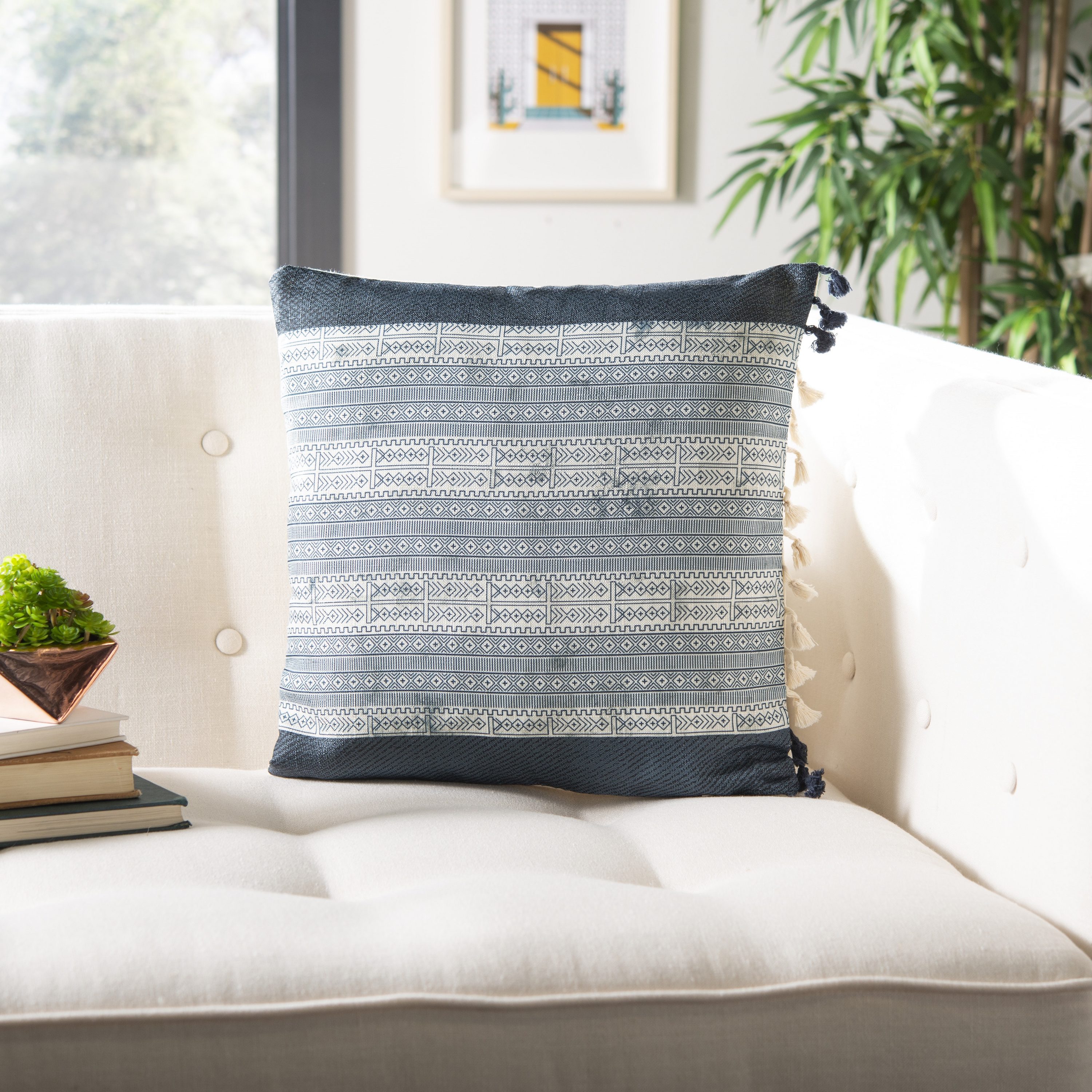 Deep Blue and Gray Geometric Tassel Throw Pillow 16"