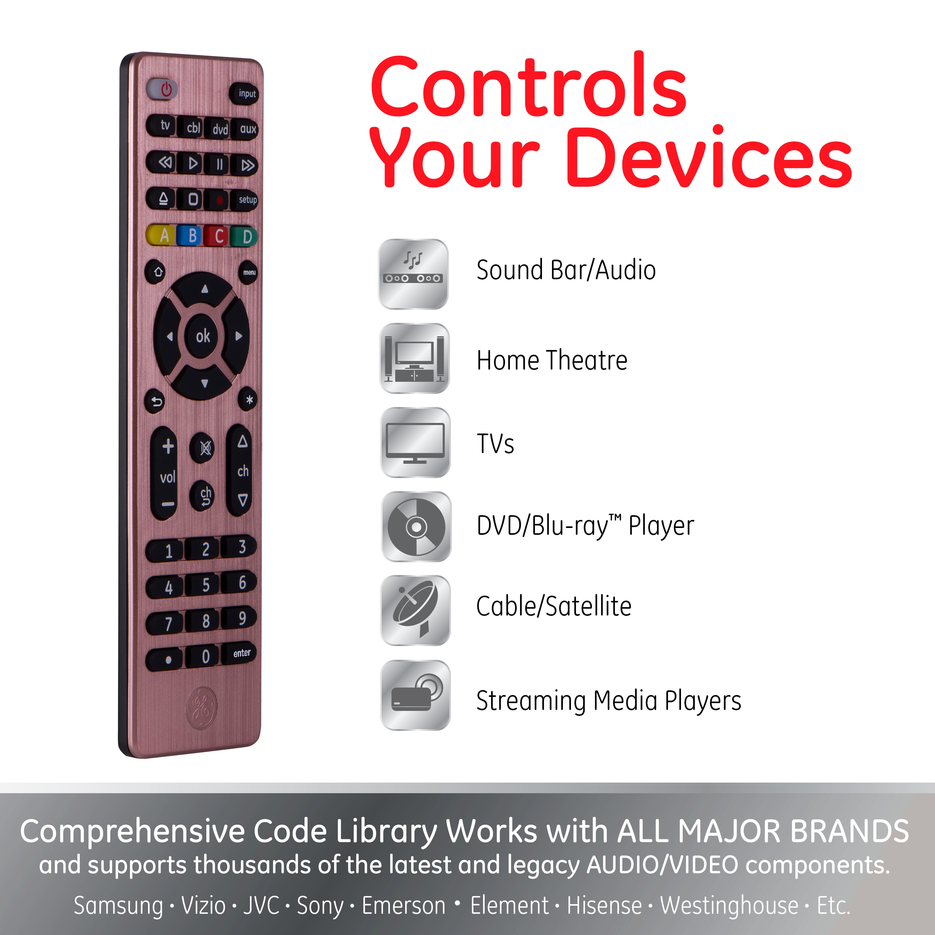GE GE 4Device Universal Remote Control, Brushed Rose Designer Series