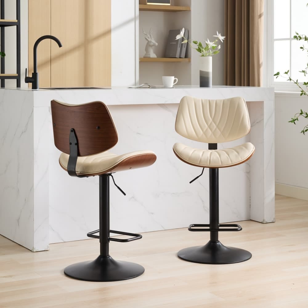 Maison Boucle SARA-BAR-BEIGE Set of 2 Adjustable Height Bar Stools Beige PU Leather Swivel Bar Stools for Kitchen Island