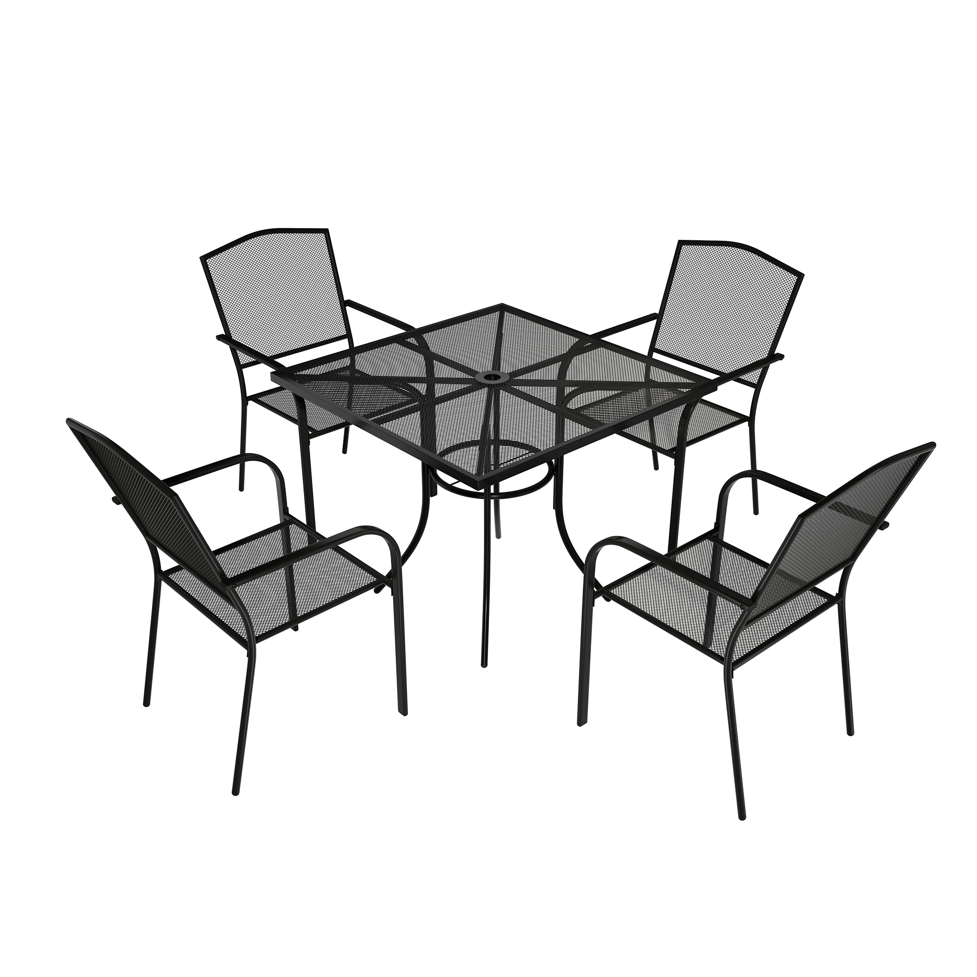 Clihome CL-07SL4C1TSQBL Patio 5 piece Dining Set 5 -Piece Balck Patio Dining Set Steel Square Table with 4 Stackable Stationary Chairs and Umbrella Included