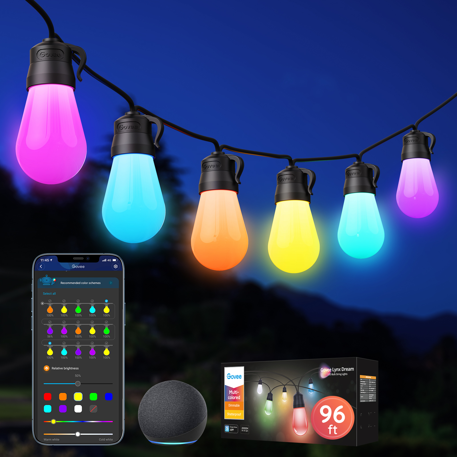 Govee 48-ft Plug-in Multicolor Indoor/Outdoor String Light with 15 Color  Changing-Light LED Edison Bulbs Bluetooth Compatibility Wi-fi Compatibility  in the String Lights department at