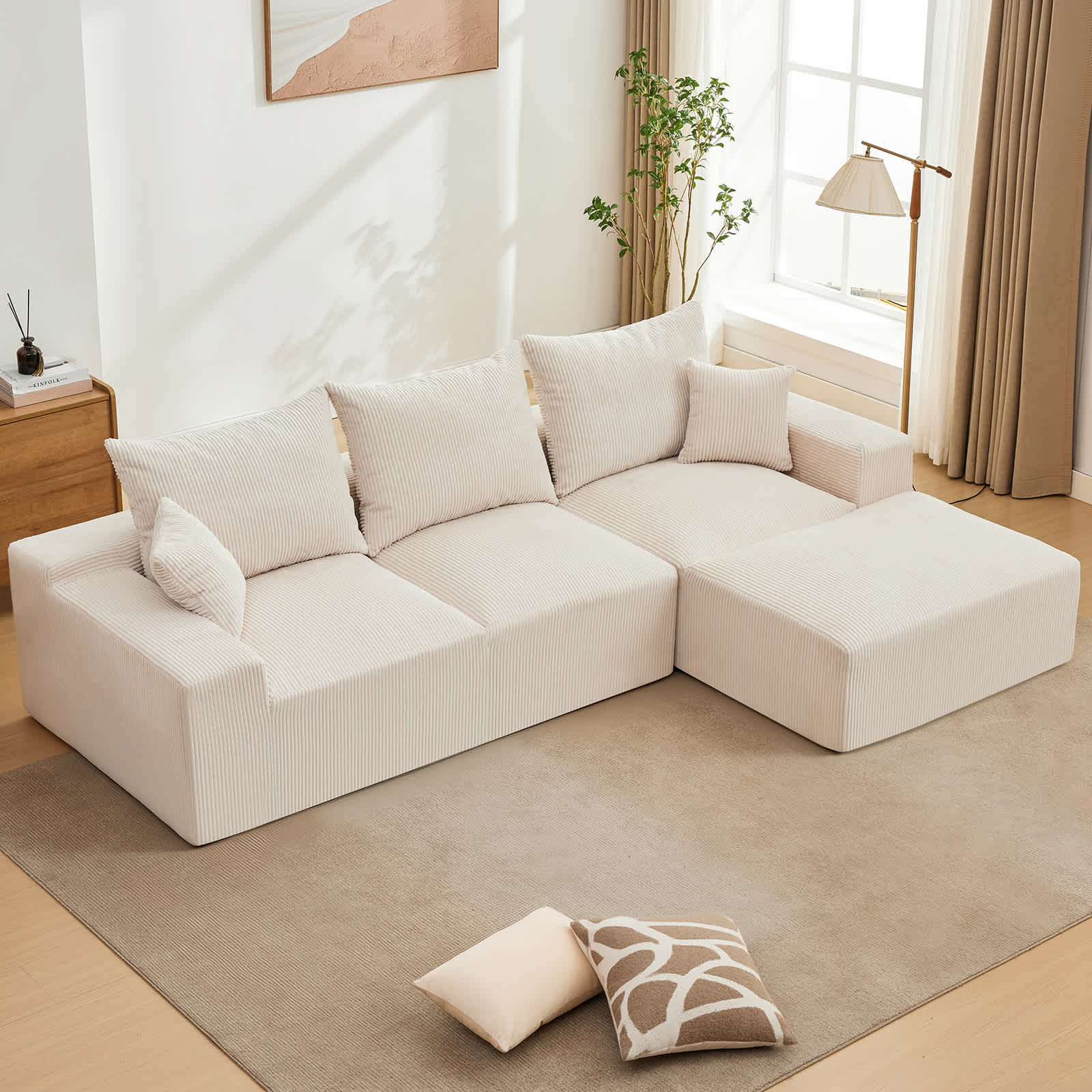 Qeetex EX-PHO-34Q5K884 Oversized Modular Sectional Sofa with Chaise and Sleeper Bed Corduroy Beige