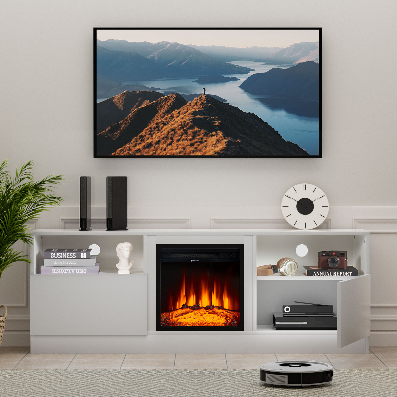 AOXUN H21018WH-AD+H20027 65-Inches W White TV Stand with LED Flat wall Electric Fireplace with Remote Control Included