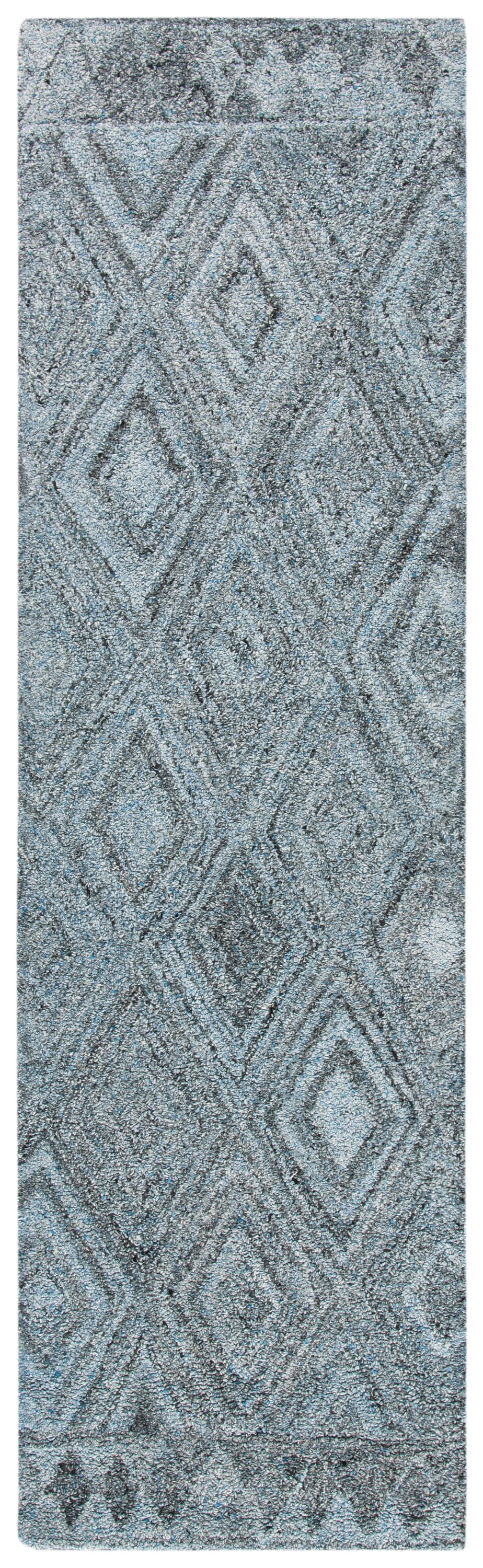 Handmade Abstract Blue/Black Wool Blend 2'3" X 8' Runner Rug